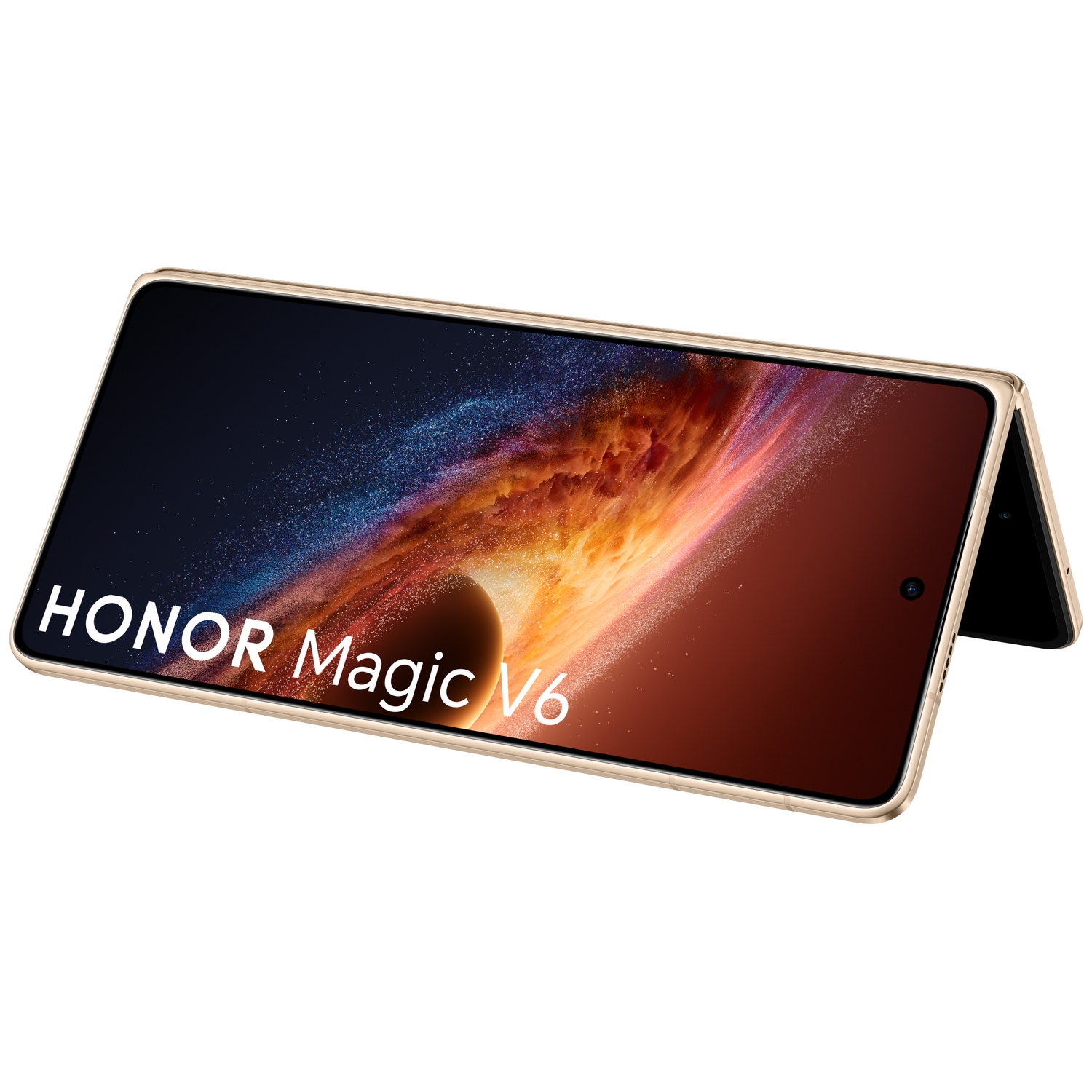 Gold Honor Magic V6 smartphone, partially open, displaying a cosmic wallpaper.