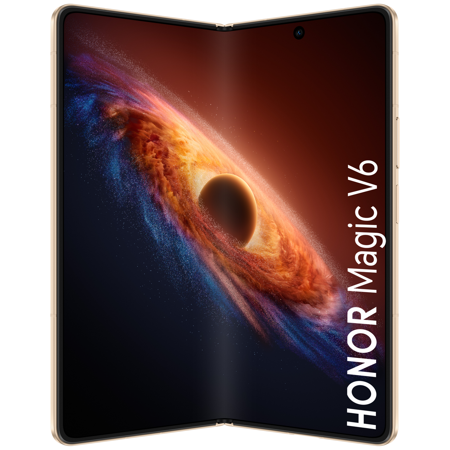 A gold foldable Honor Magic V6 smartphone displays a cosmic background.