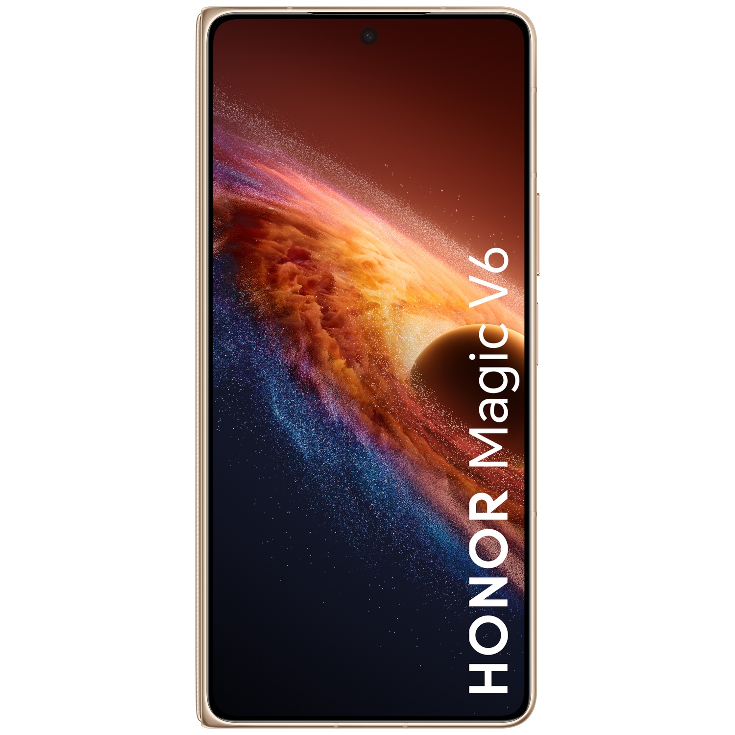 A golden smartphone displaying a cosmic wallpaper. HONOR Magic V6.