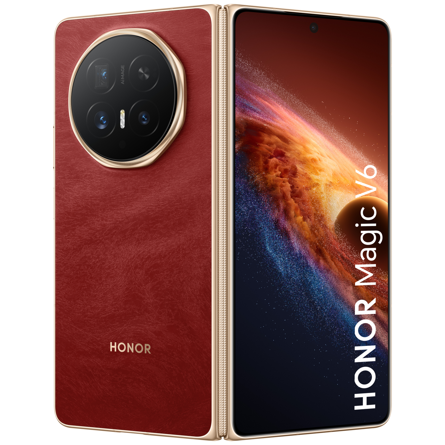 Red Honor Magic V6 smartphone, folded showing rear camera, and open showing screen.