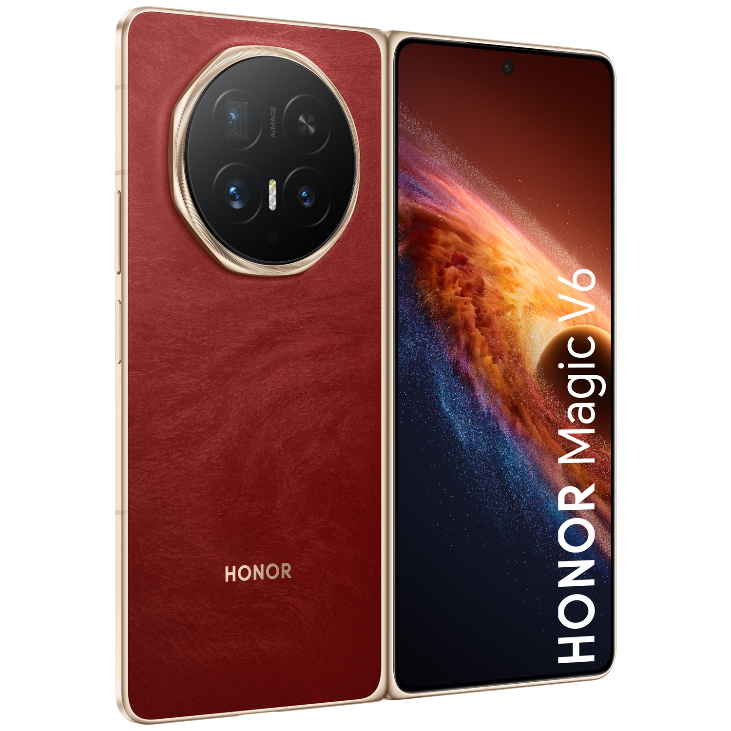 A red Honor Magic V6 phone with a gold border and four cameras.
