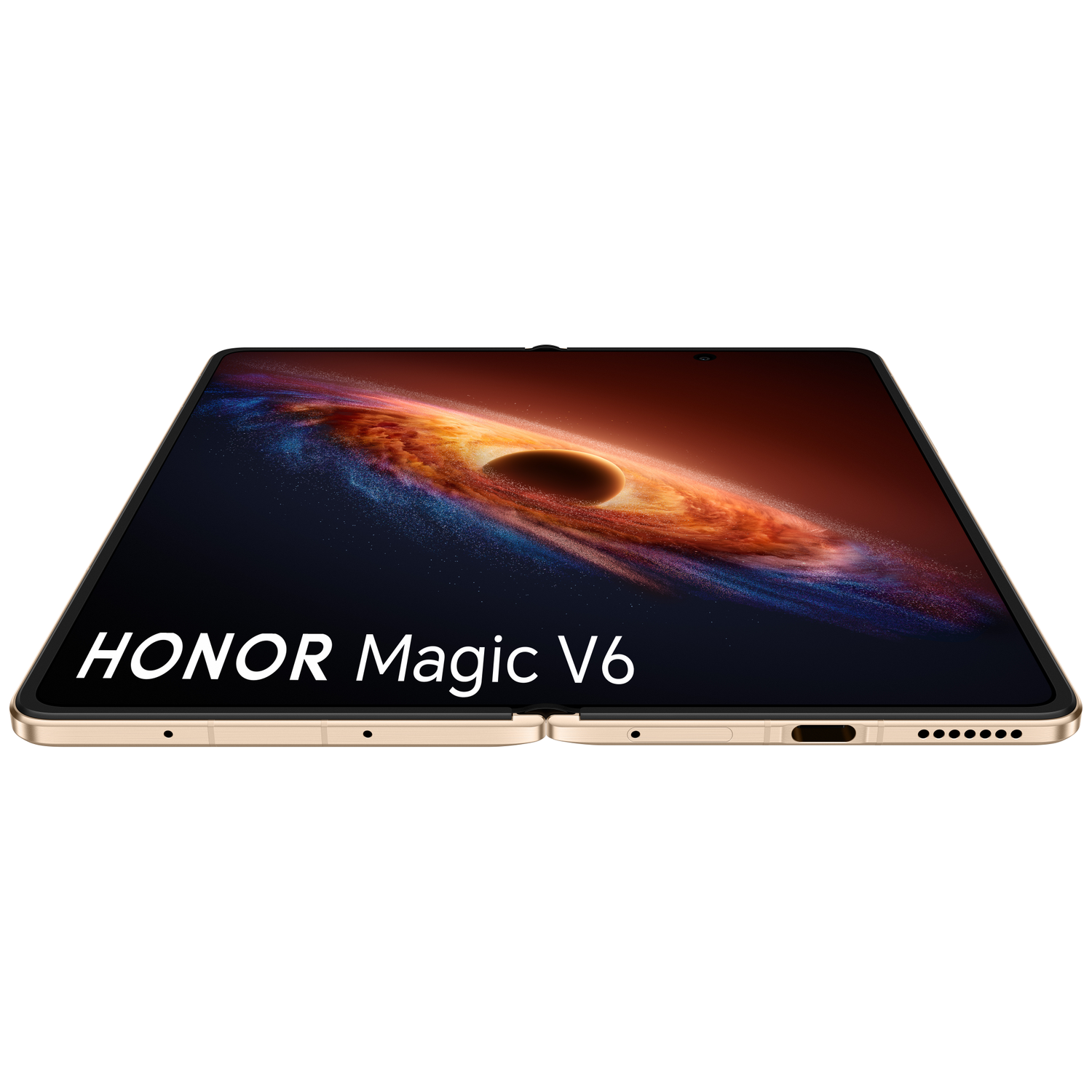A HONOR Magic V6 foldable smartphone with a gold frame on a white background.