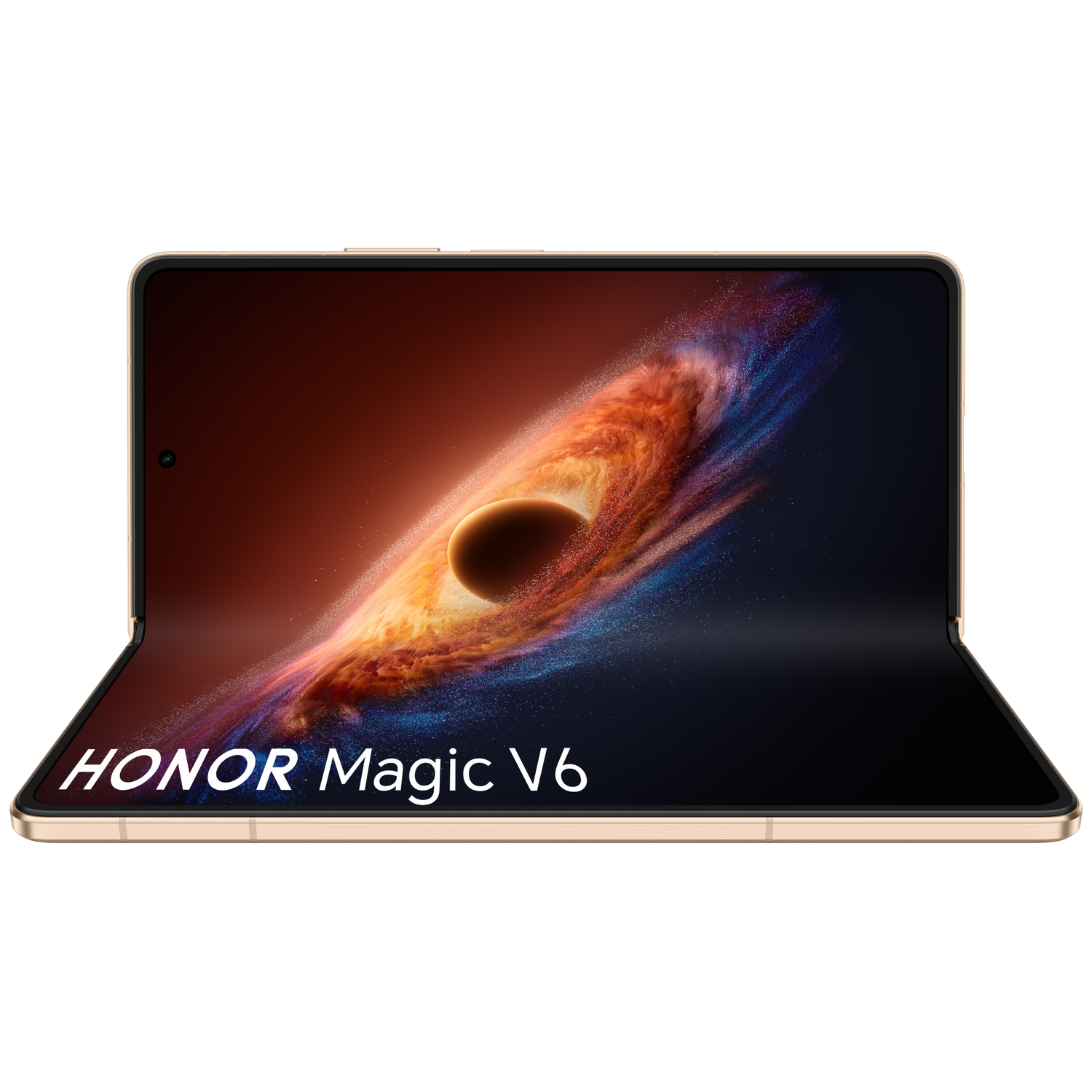 A gold foldable smartphone displaying a cosmic wallpaper.