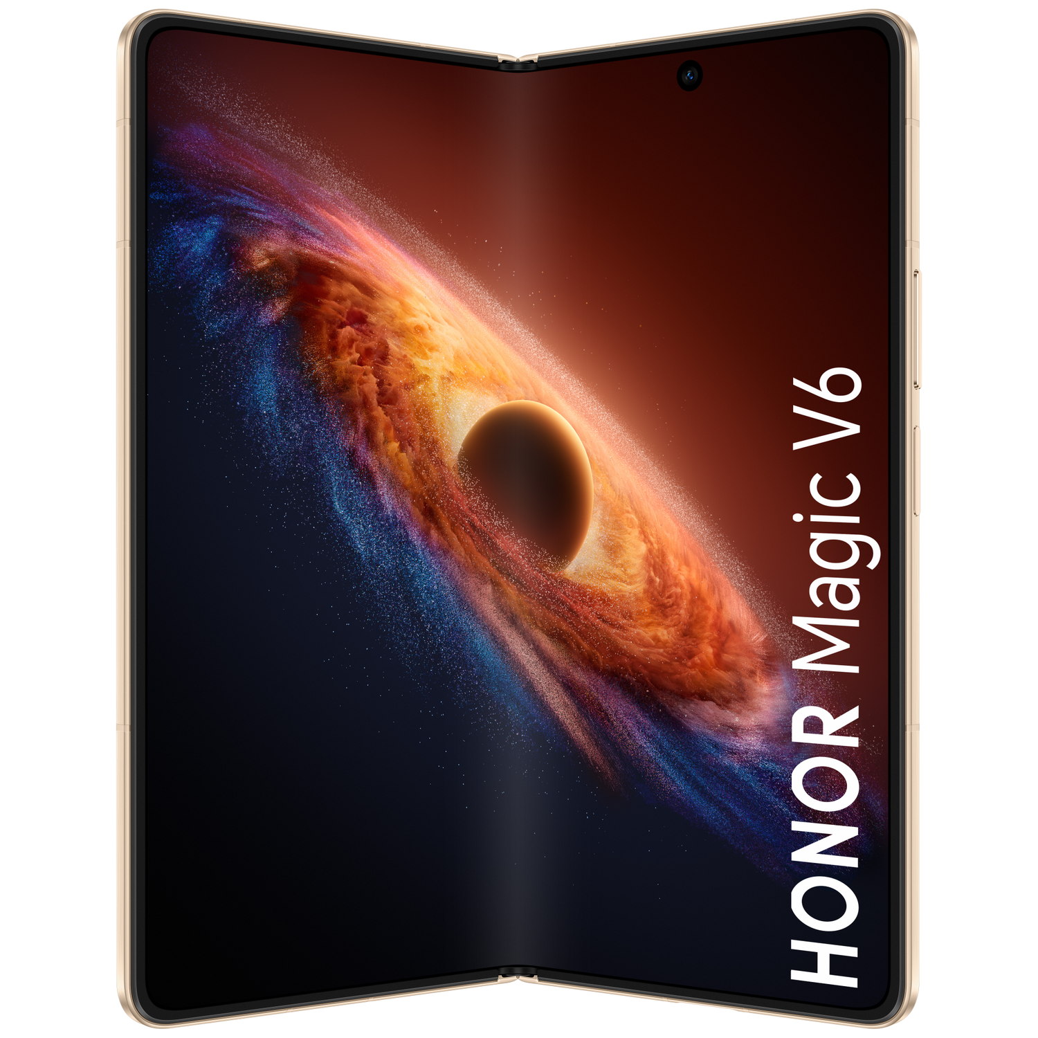 A gold foldable Honor Magic V6 smartphone displaying a cosmic background.