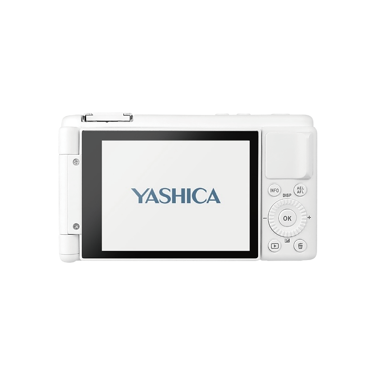 Yashica logosu ekranda ve kontrol düğmeleri olan beyaz dijital kamera.