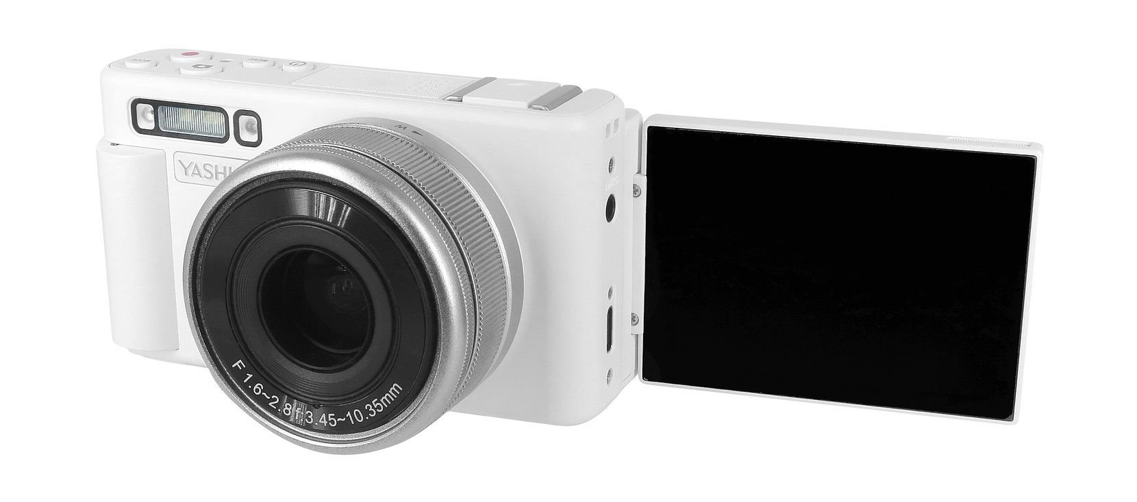 Katlanabilir ekranlı ve zoom halkalı beyaz dijital fotoğraf makinesi.