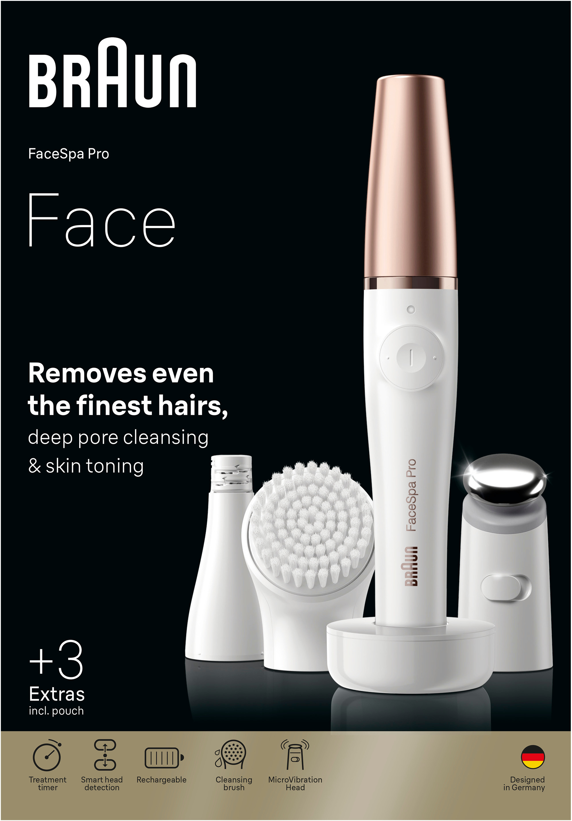 Braun FaceSpa Pro mit Aufsätzen und Ladebasis vor schwarzem Hintergrund.