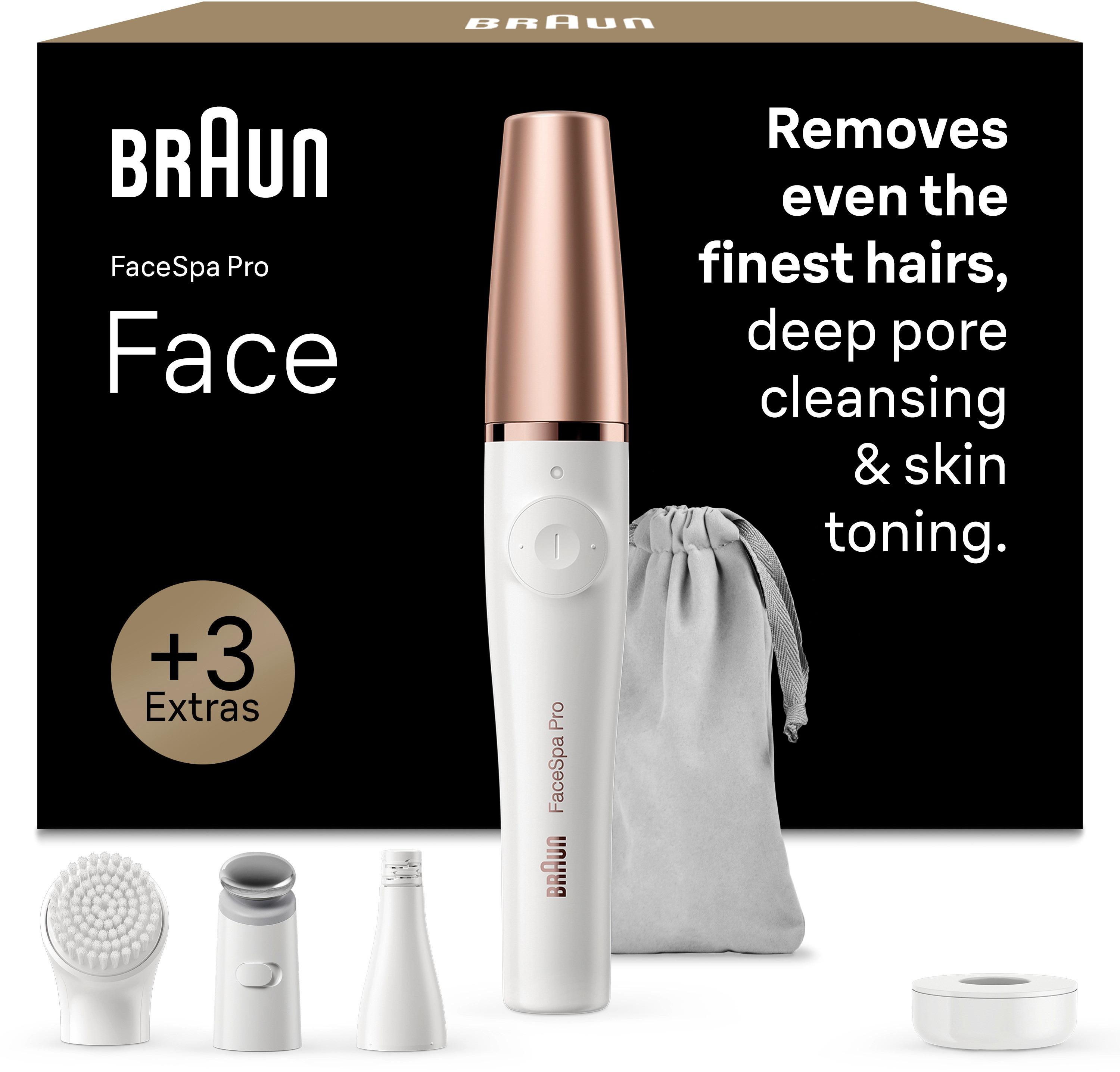 Braun FaceSpa Pro mit Aufsätzen, Beutel und Ladestation. Text: Entfernt feinste Haare.