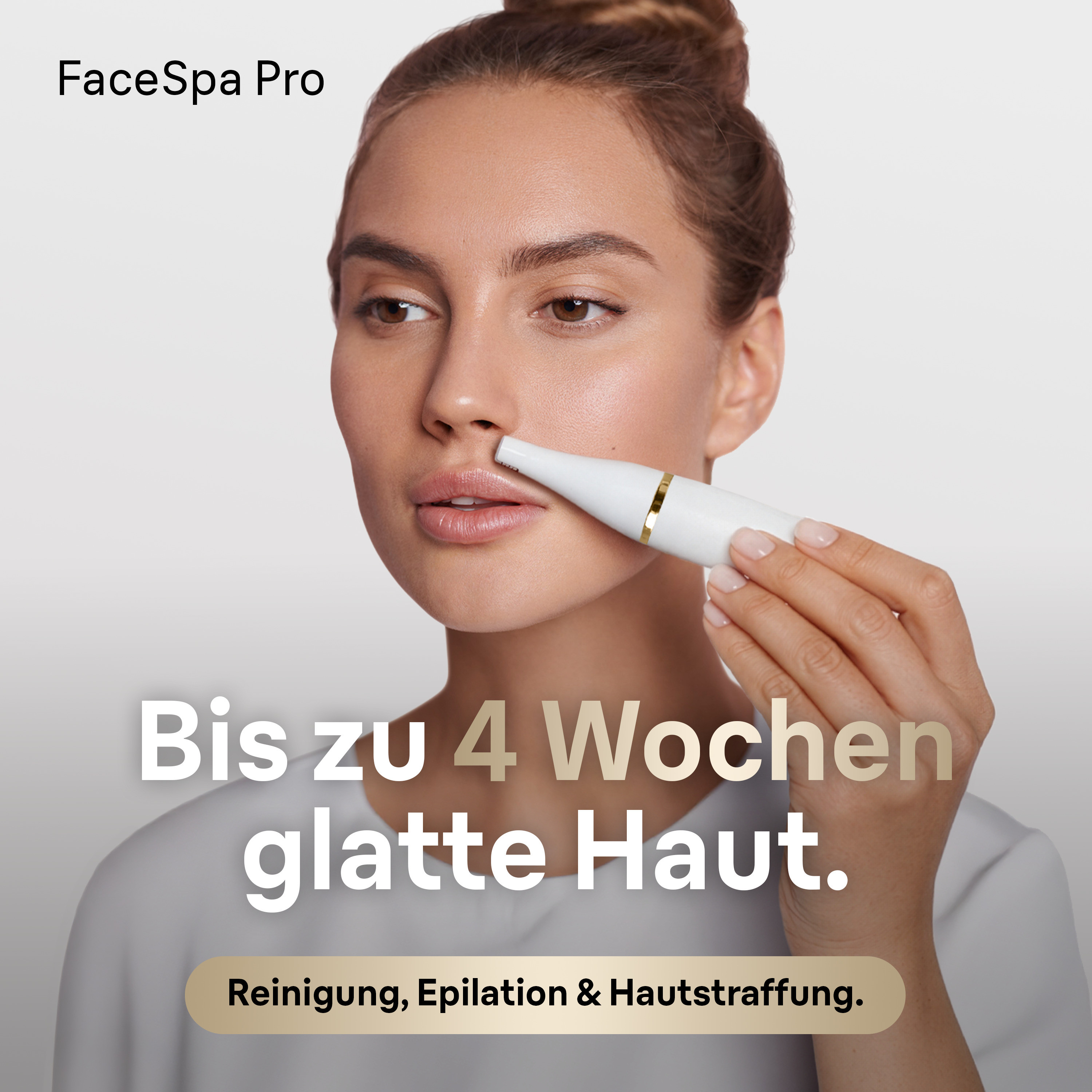 Eine Frau benutzt ein Epiliergerät im Gesicht. FaceSpa Pro.