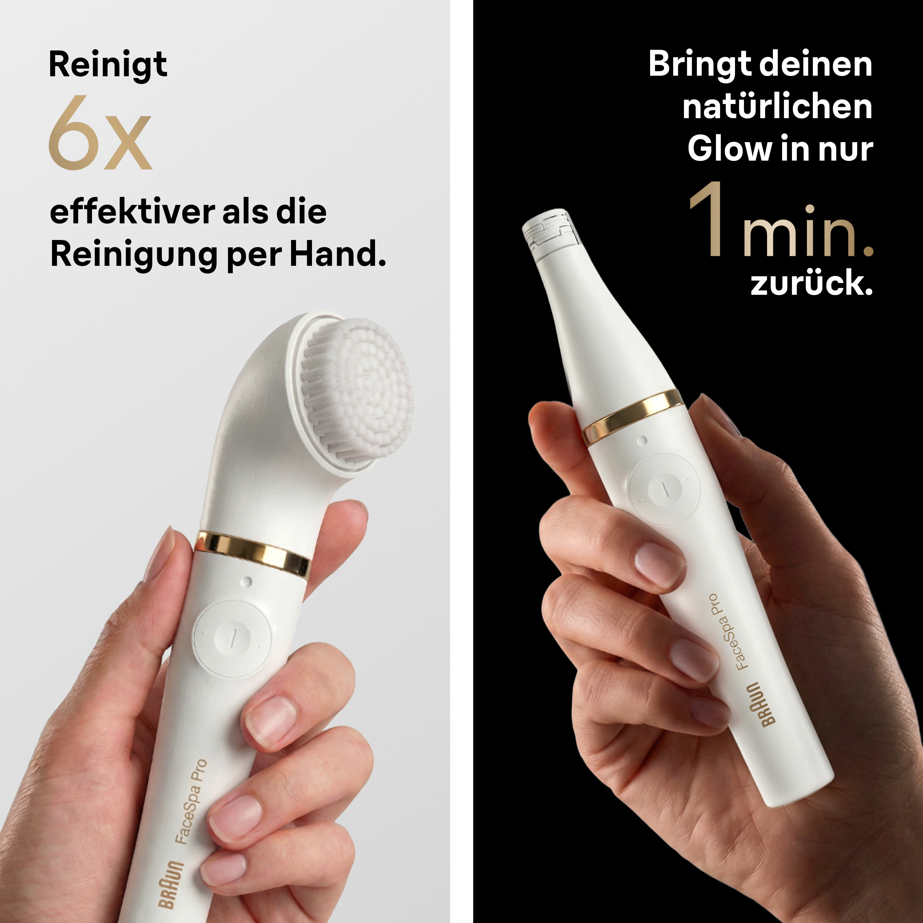 Zwei weiße Braun Gesichtsreinigungsgeräte, eines mit Bürste, werden von Händen gehalten.