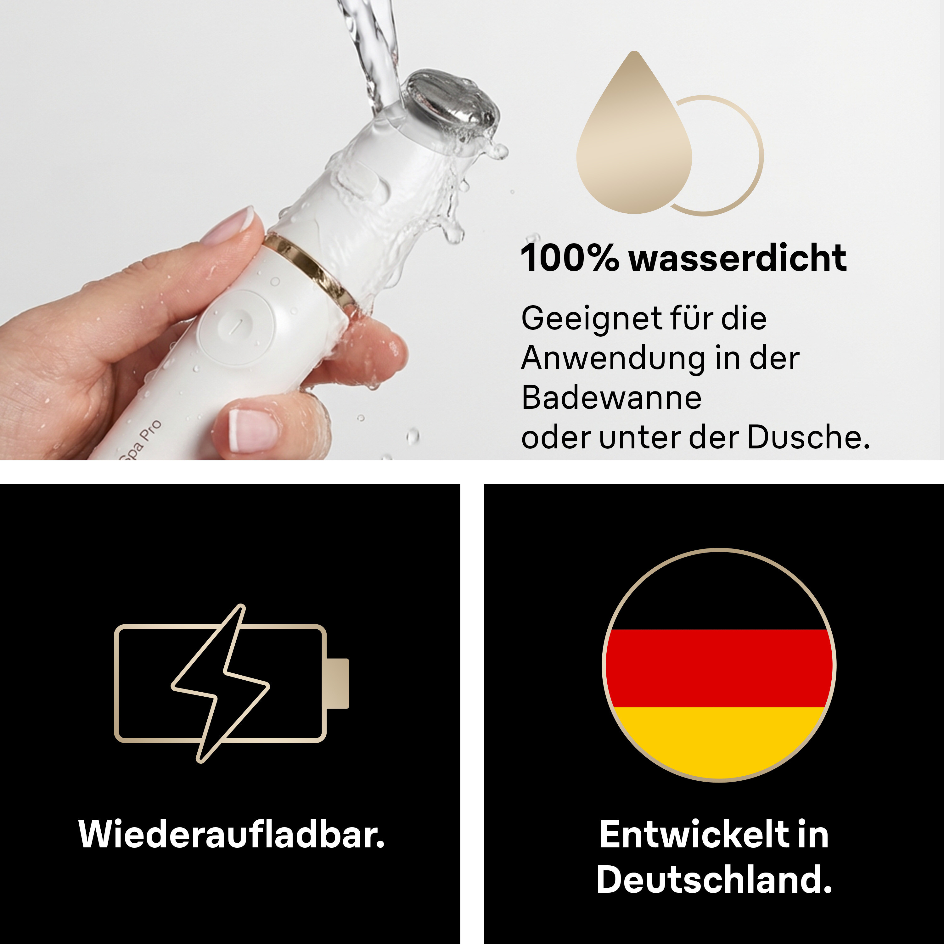 Ein weißes Gerät mit goldenen Akzenten wird von einer Hand gehalten. Wasser fließt darüber.