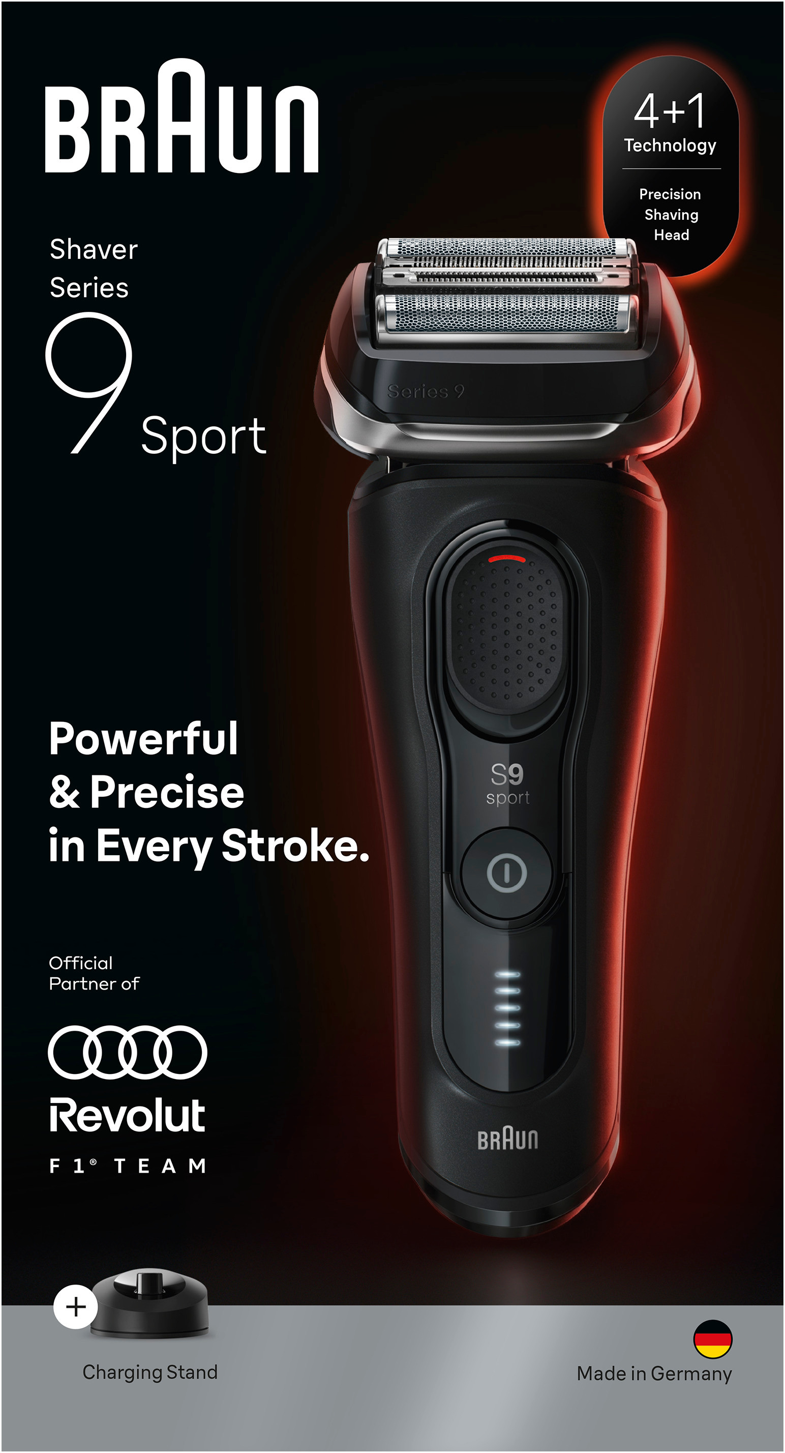 Un rasoir Braun Series 9 Sport noir avec des détails technologiques et logos.