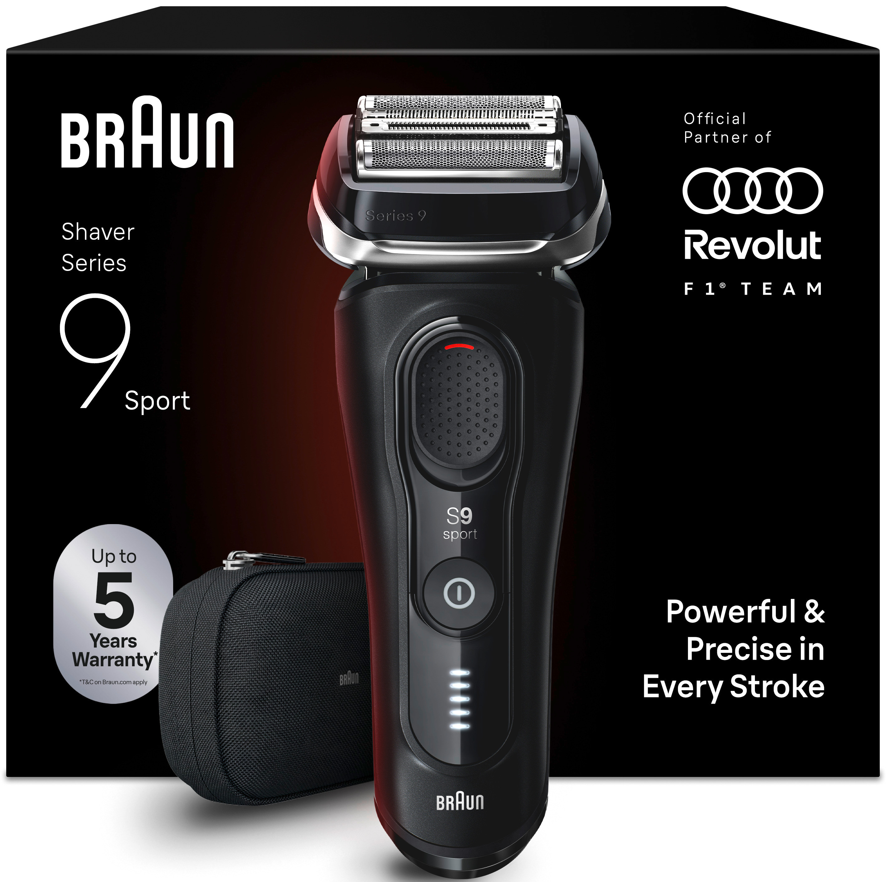Un rasoir Braun Series 9 Sport noir avec étui de voyage et garantie de 5 ans.