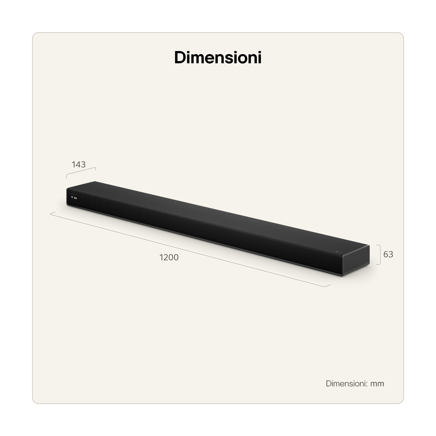 Soundbar nero con dimensioni 1200x143x63 mm.