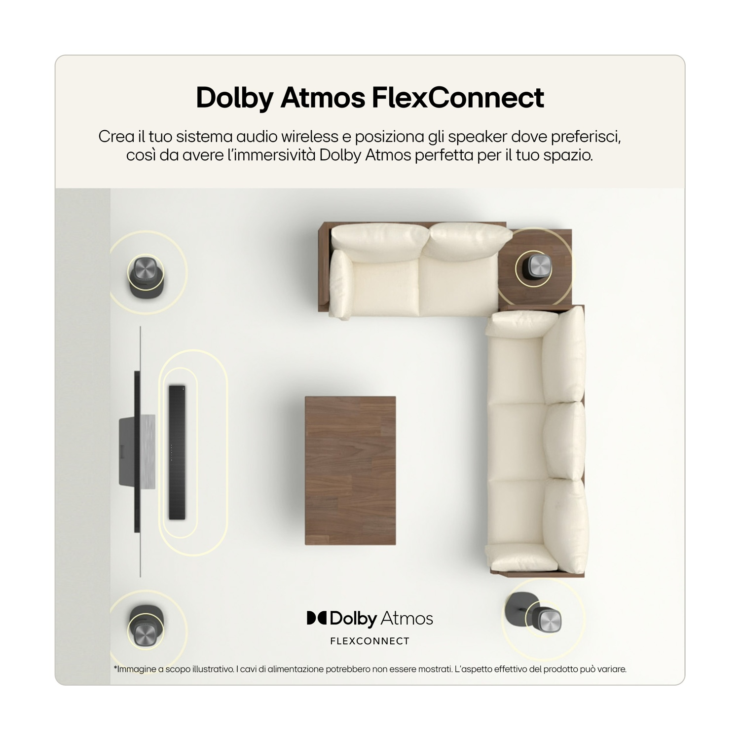 Salotto con sistema audio Dolby Atmos, divano e tavolino.