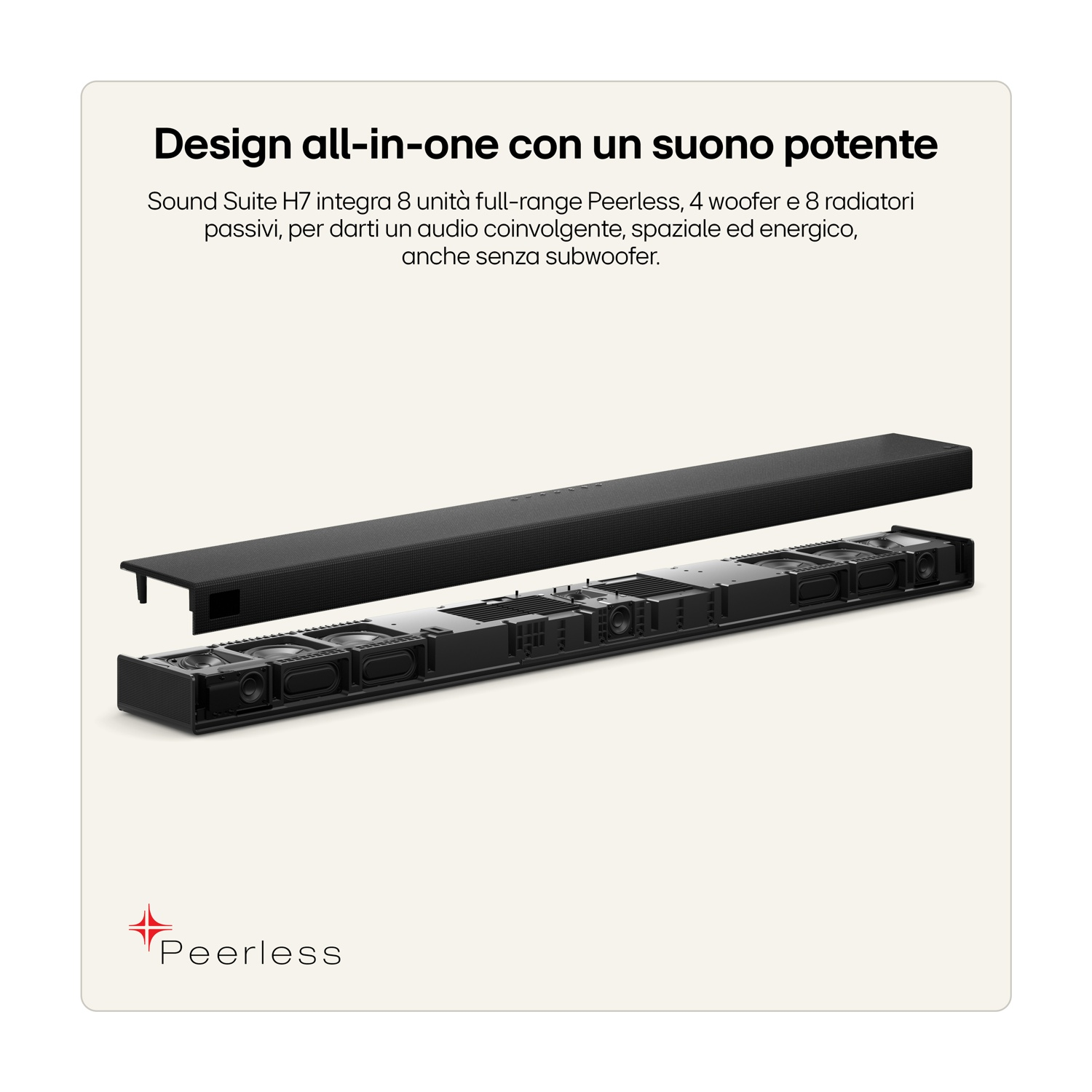 Una soundbar nera smontata mostra altoparlanti e radiatori interni.