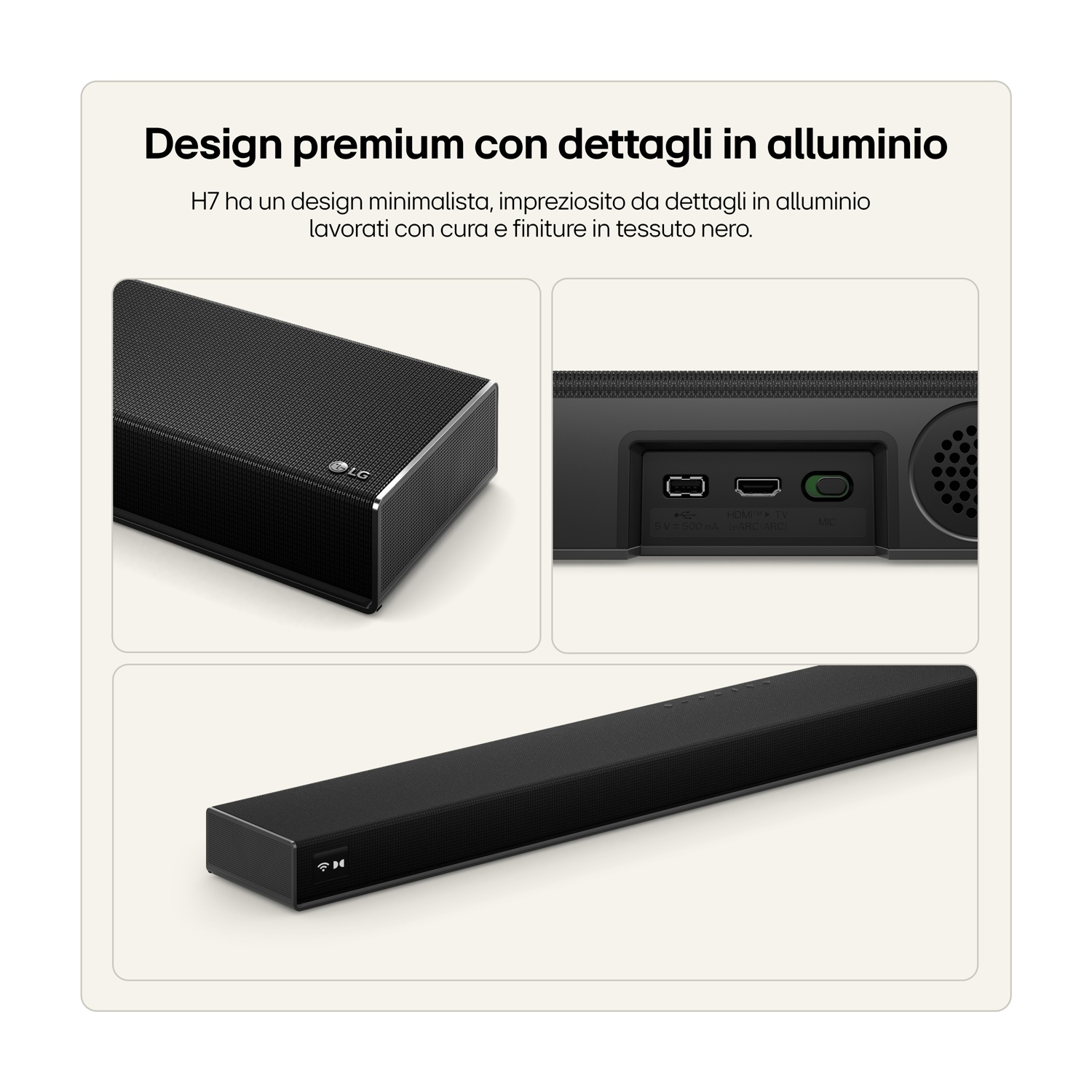 Soundbar LG nera con porte HDMI, USB e microfono.
