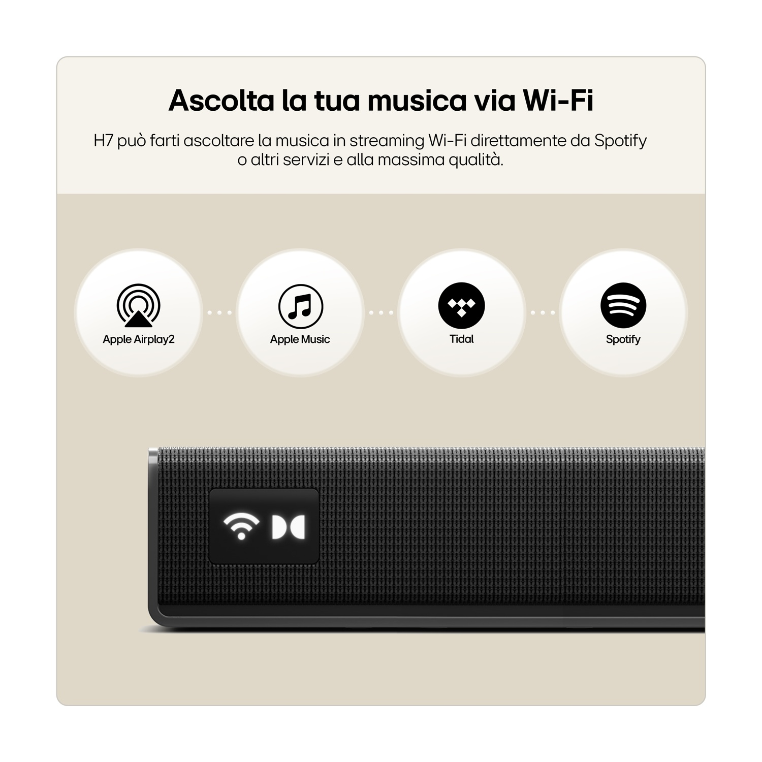 Speaker con loghi Apple Airplay2, Apple Music, Tidal e Spotify.
