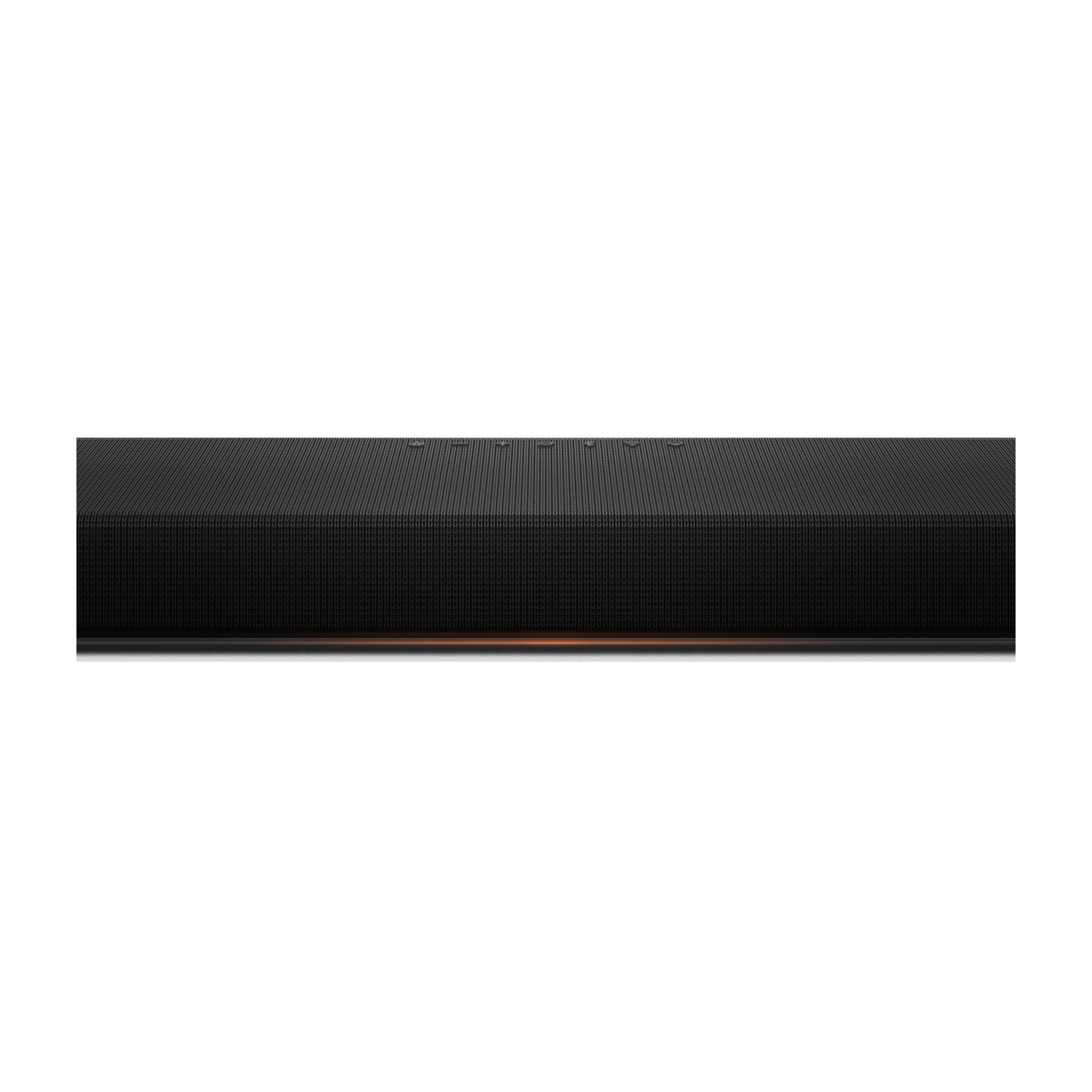 Soundbar nera con motivo e luce arancione in basso.