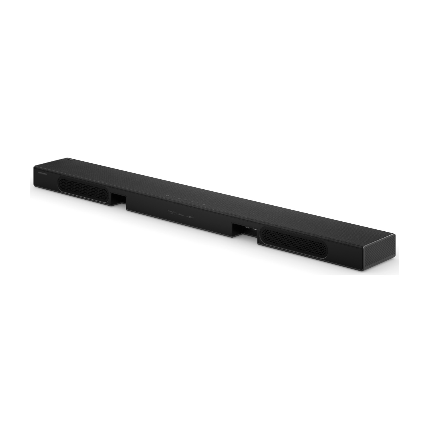 Soundbar nero con griglie e pulsanti.