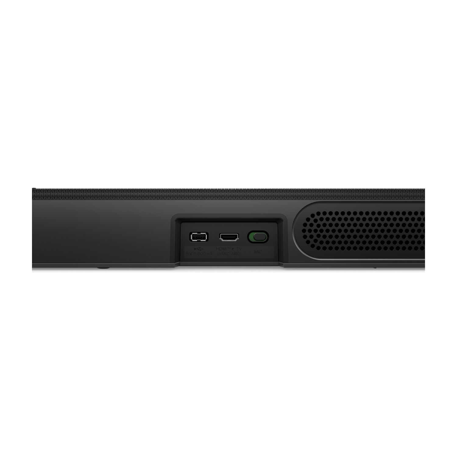 Soundbar nera con porte USB, HDMI ARC e MIC visibili.