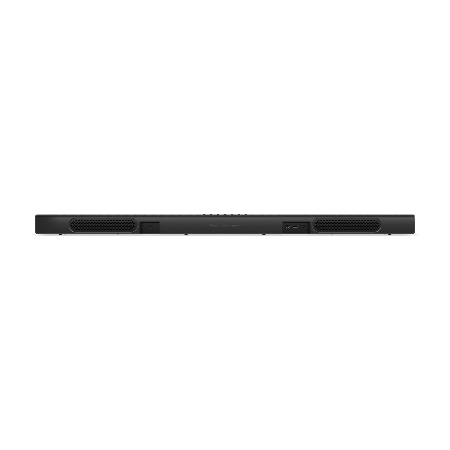 Soundbar nero con griglia altoparlante e porte su sfondo bianco.