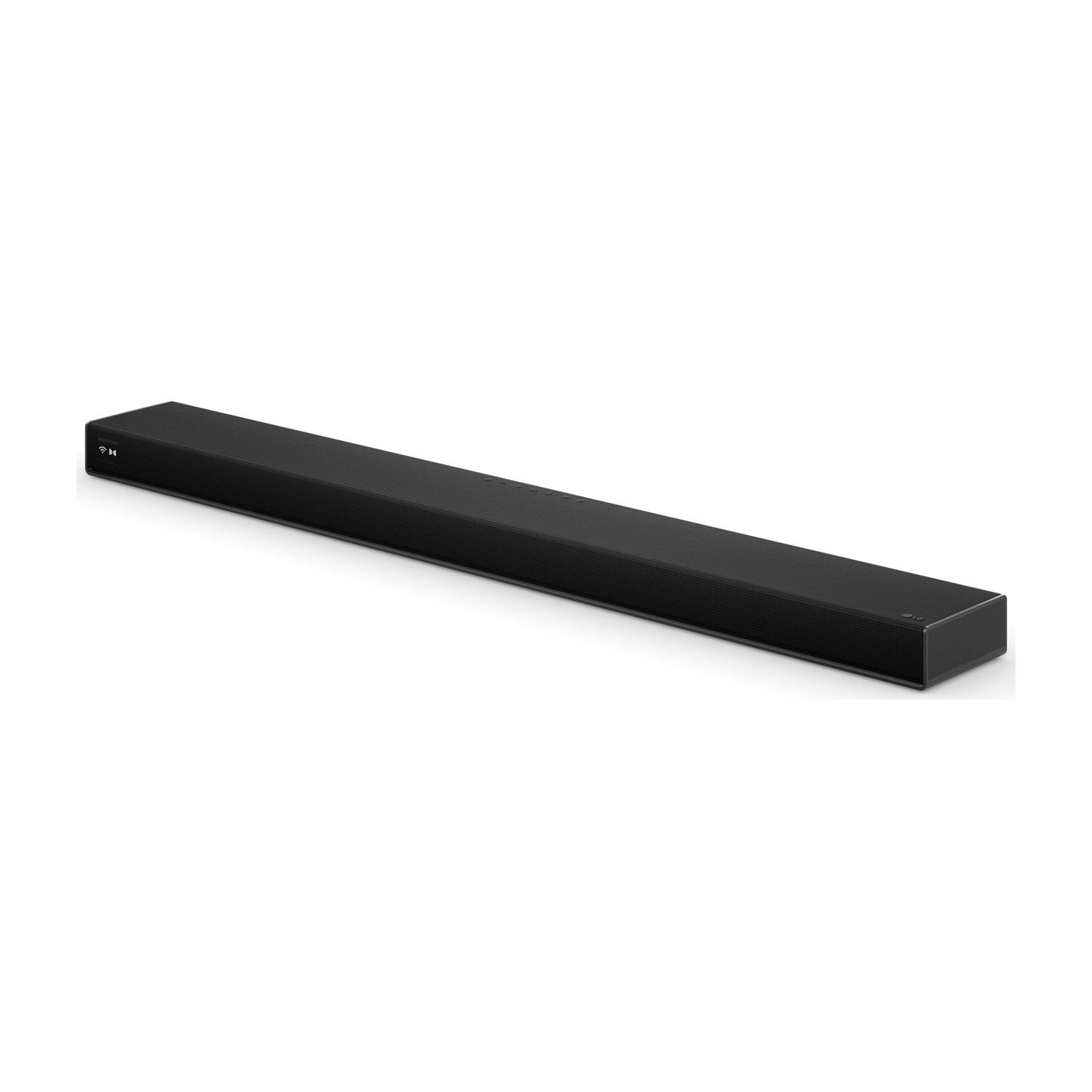 Soundbar nera e sottile su sfondo bianco.