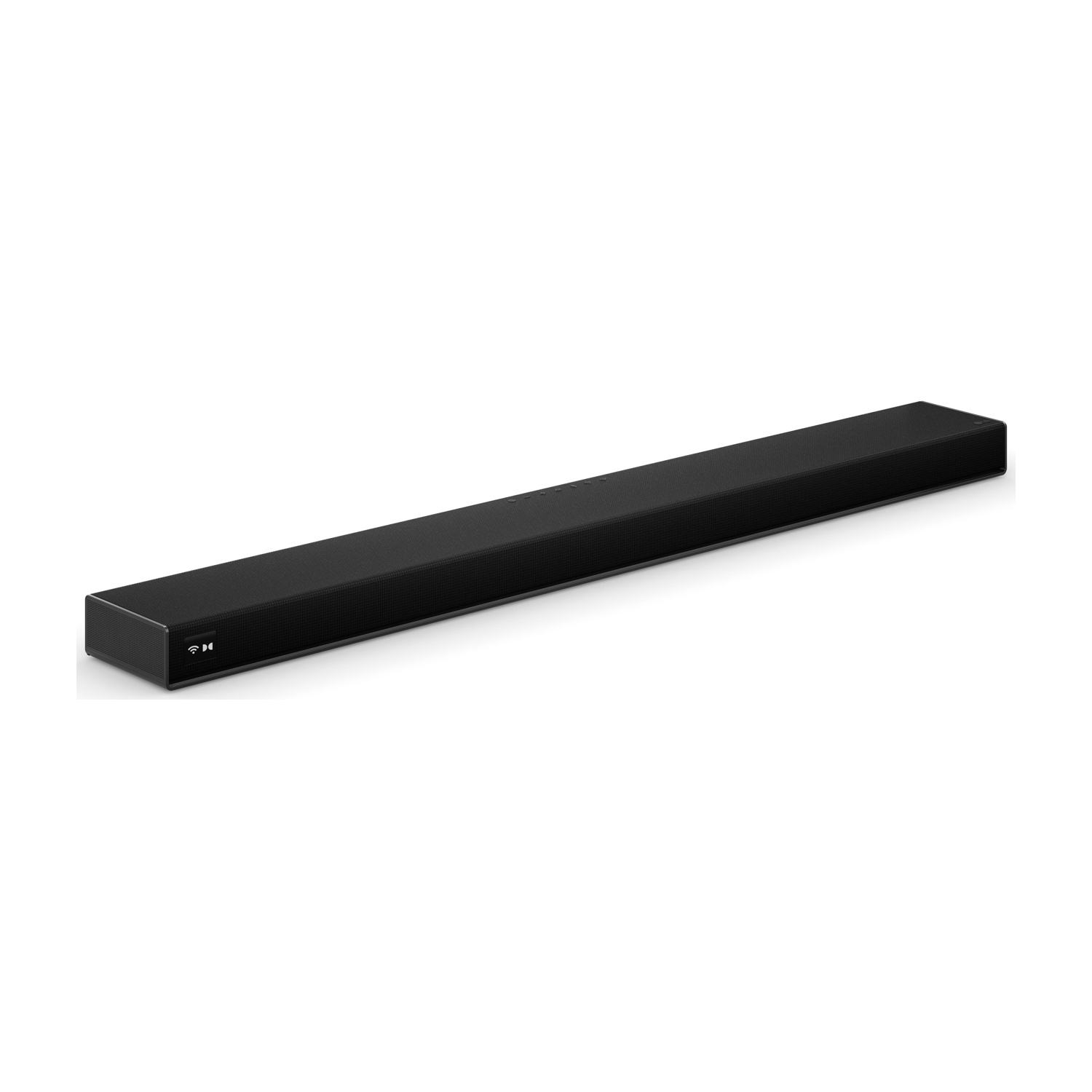 Soundbar nero sottile con icone sul pannello frontale.