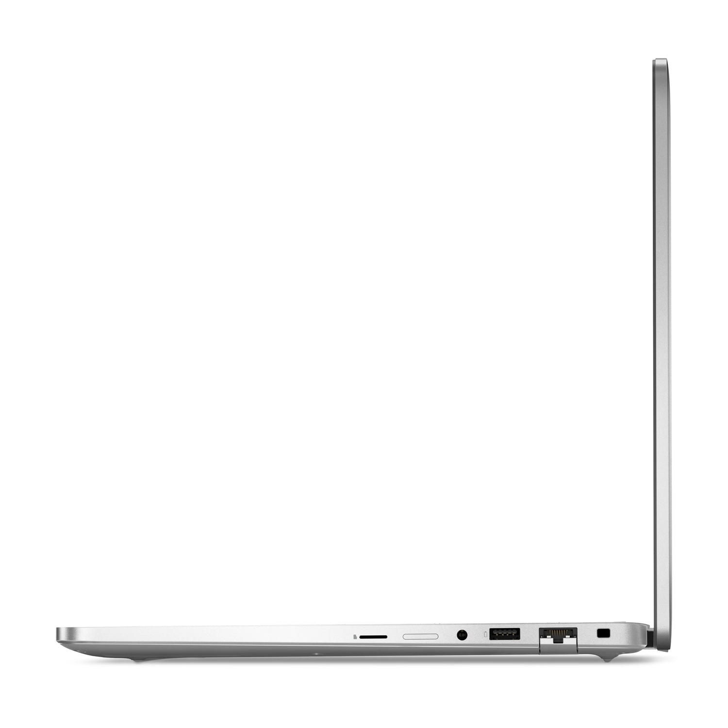 Laptop argento di profilo che mostra le porte: USB, cuffie, Ethernet.