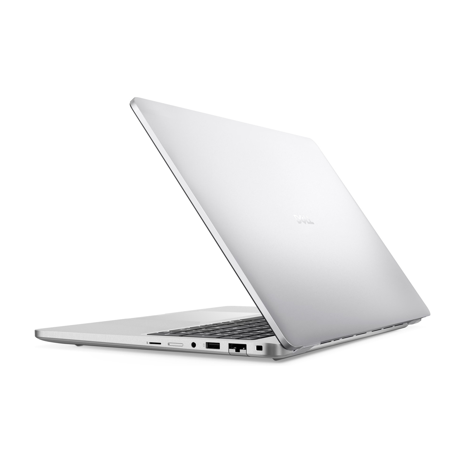 Un laptop Dell argentato è aperto, mostra tastiera e porte. Sfondo bianco.