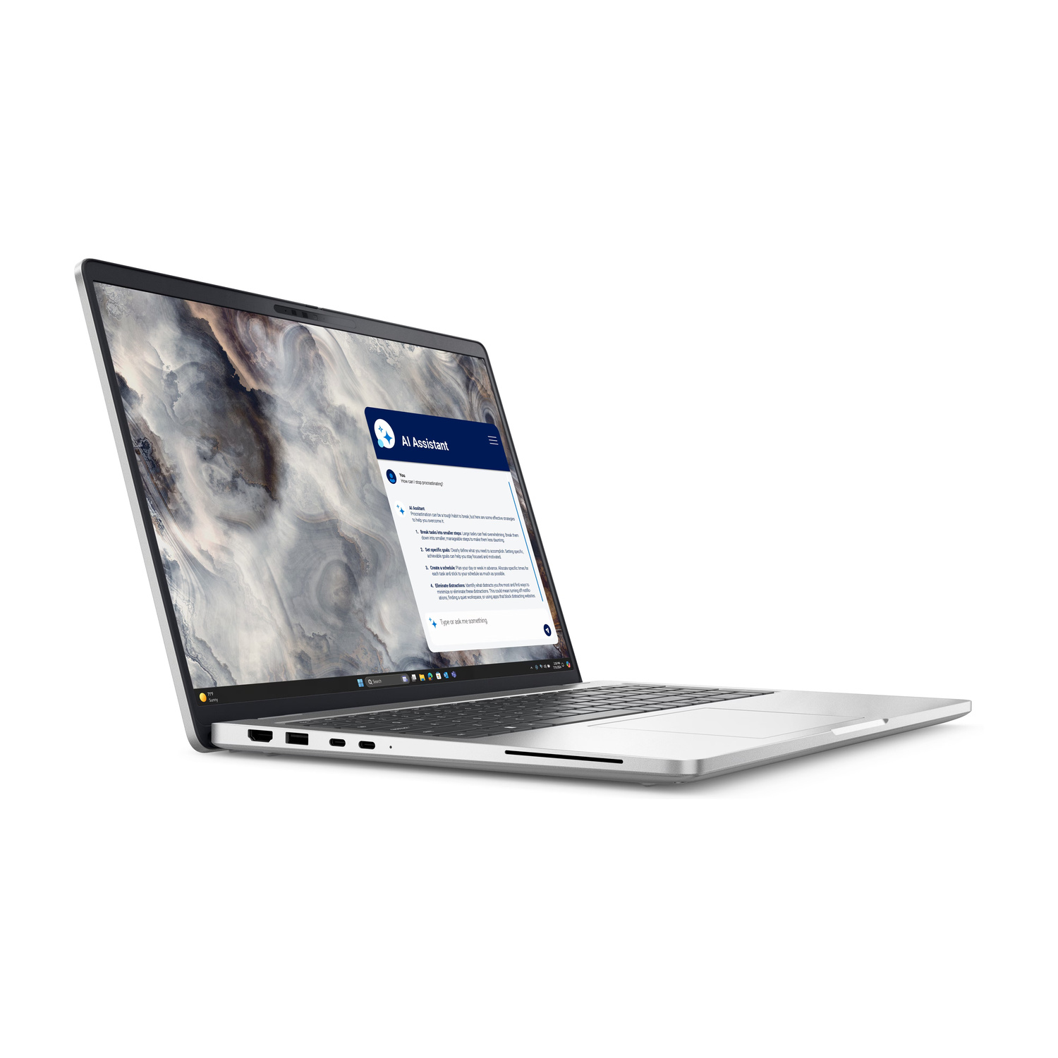 Un laptop argentato mostra una chat di assistente AI con suggerimenti per superare la procrastinazione.