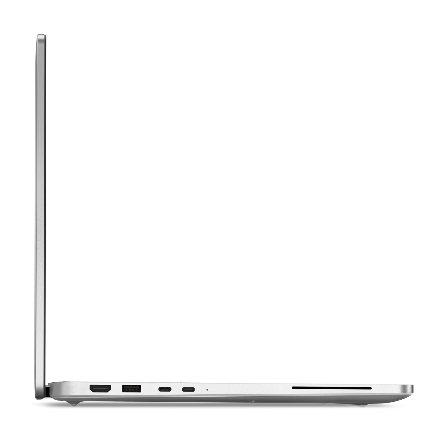 Laptop argento di profilo che mostra le porte: HDMI, USB-C, slot SD.