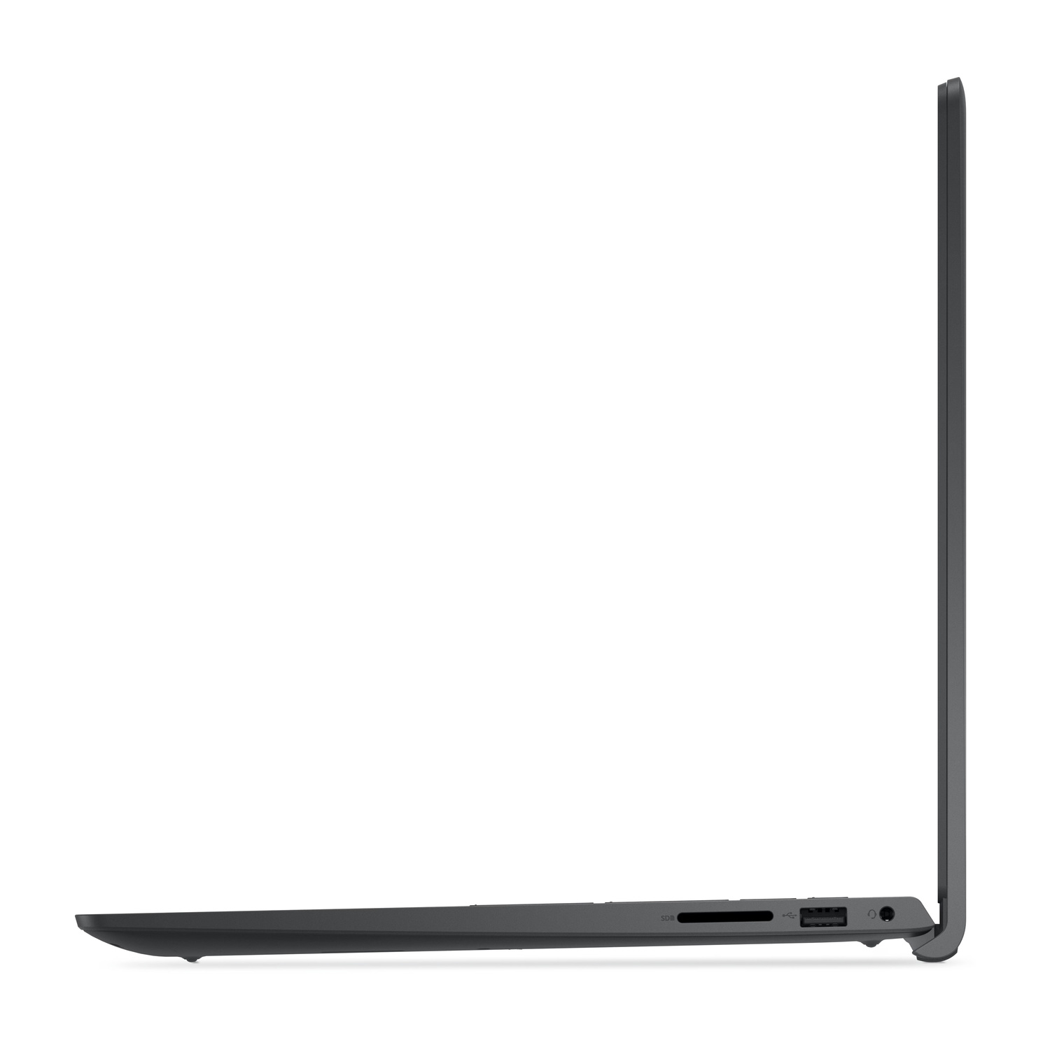 Vista laterale di laptop grigio con slot per scheda SD e porta USB.