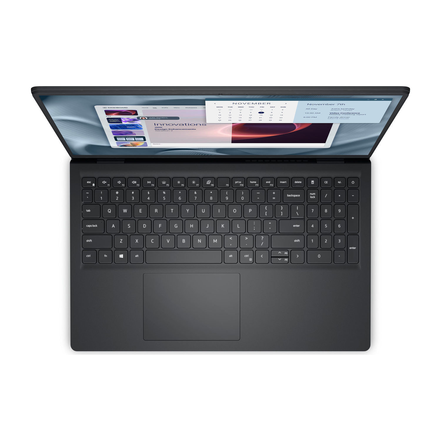 Un laptop scuro aperto che mostra un calendario e una presentazione sullo schermo.