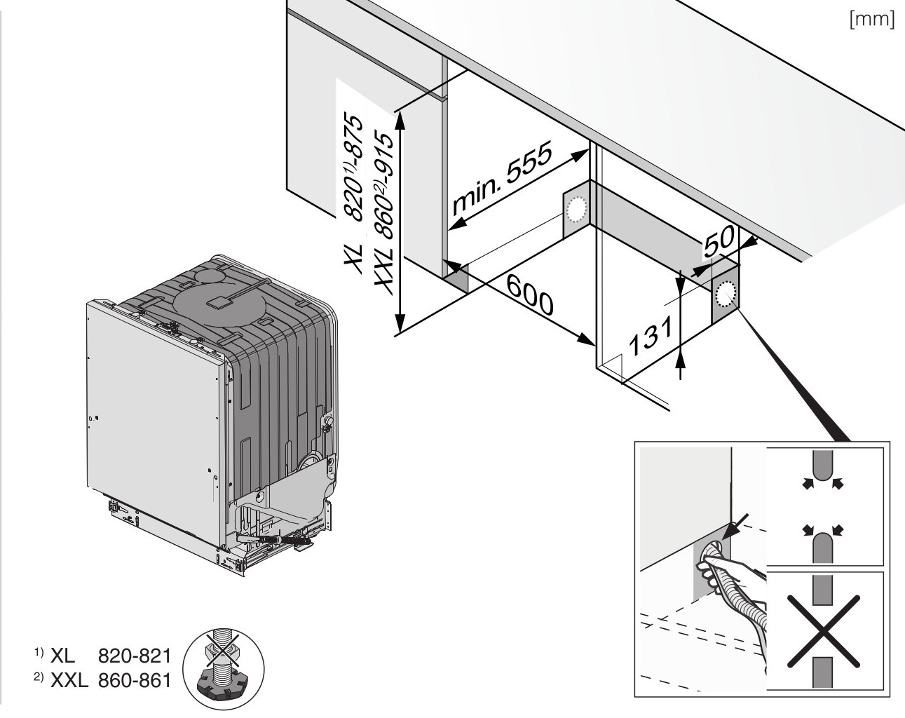 Diagram przedstawiający wymiary zmywarki i szczegóły instalacji, z pomiarami w mm.