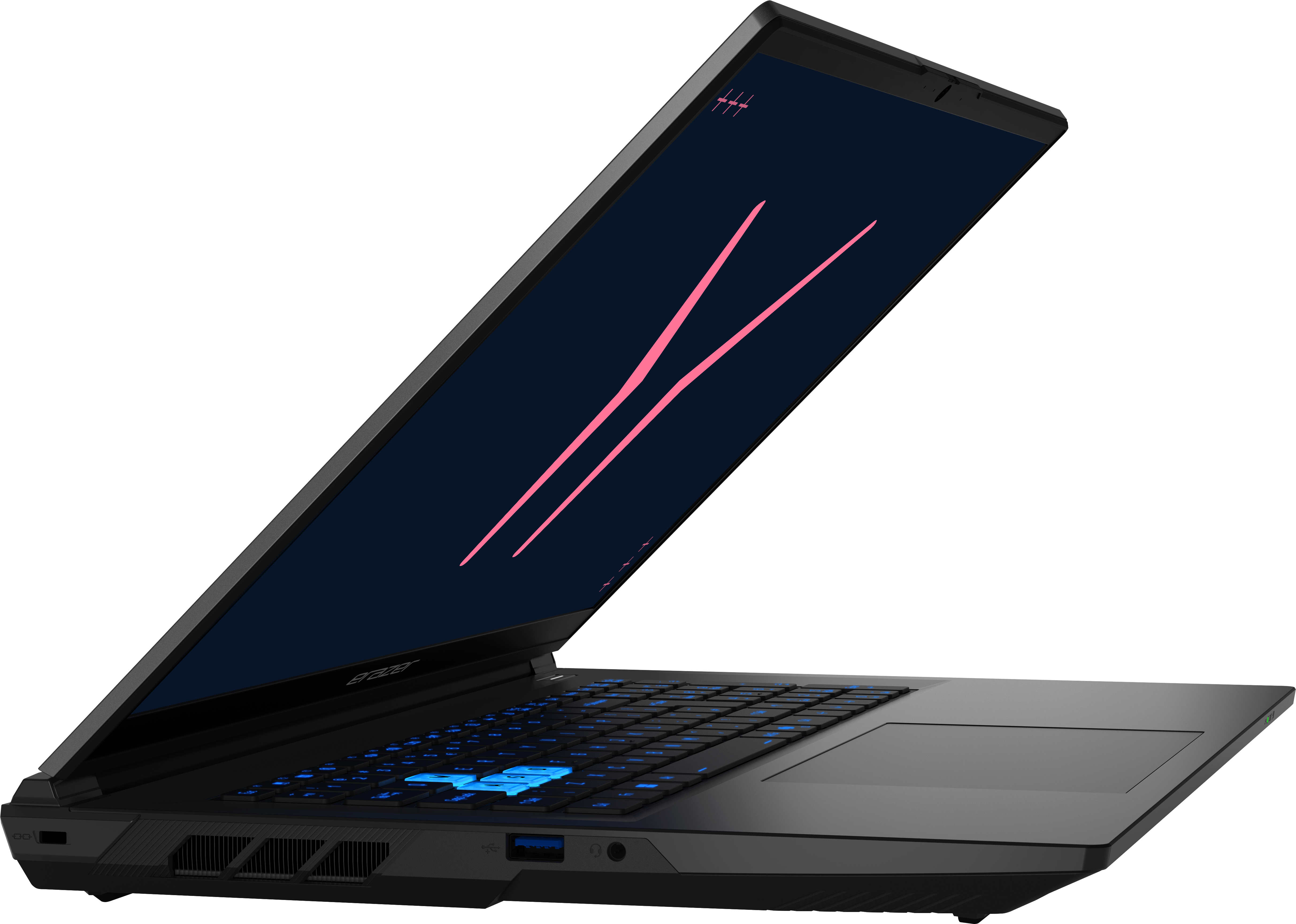 Schwarzer Laptop mit beleuchteter blauer Tastatur und pinker Grafik auf dem dunklen Bildschirm.