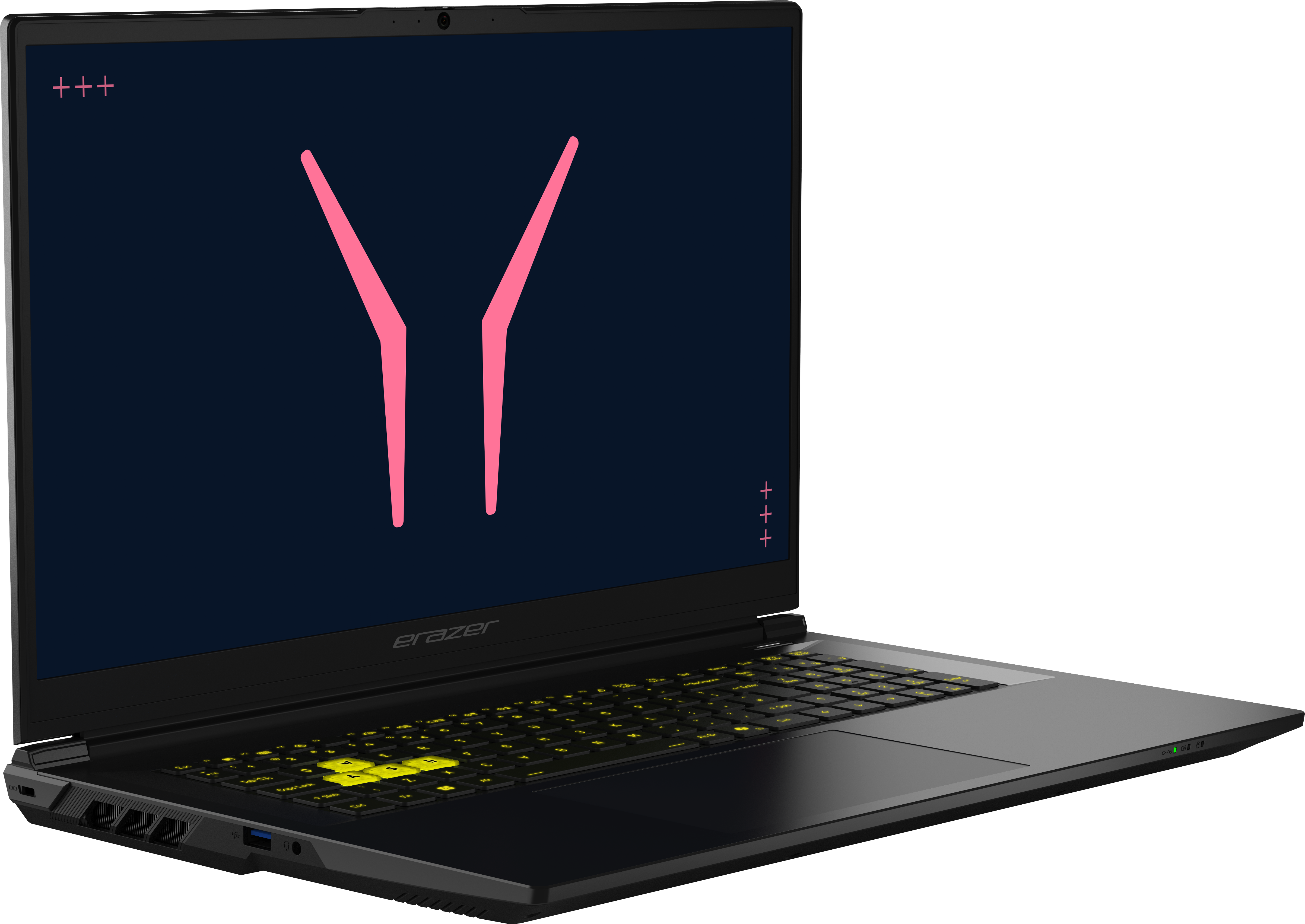 Ein schwarzer Laptop mit beleuchteter gelber Tastatur und einem Y-Symbol auf dem dunklen Bildschirm.
