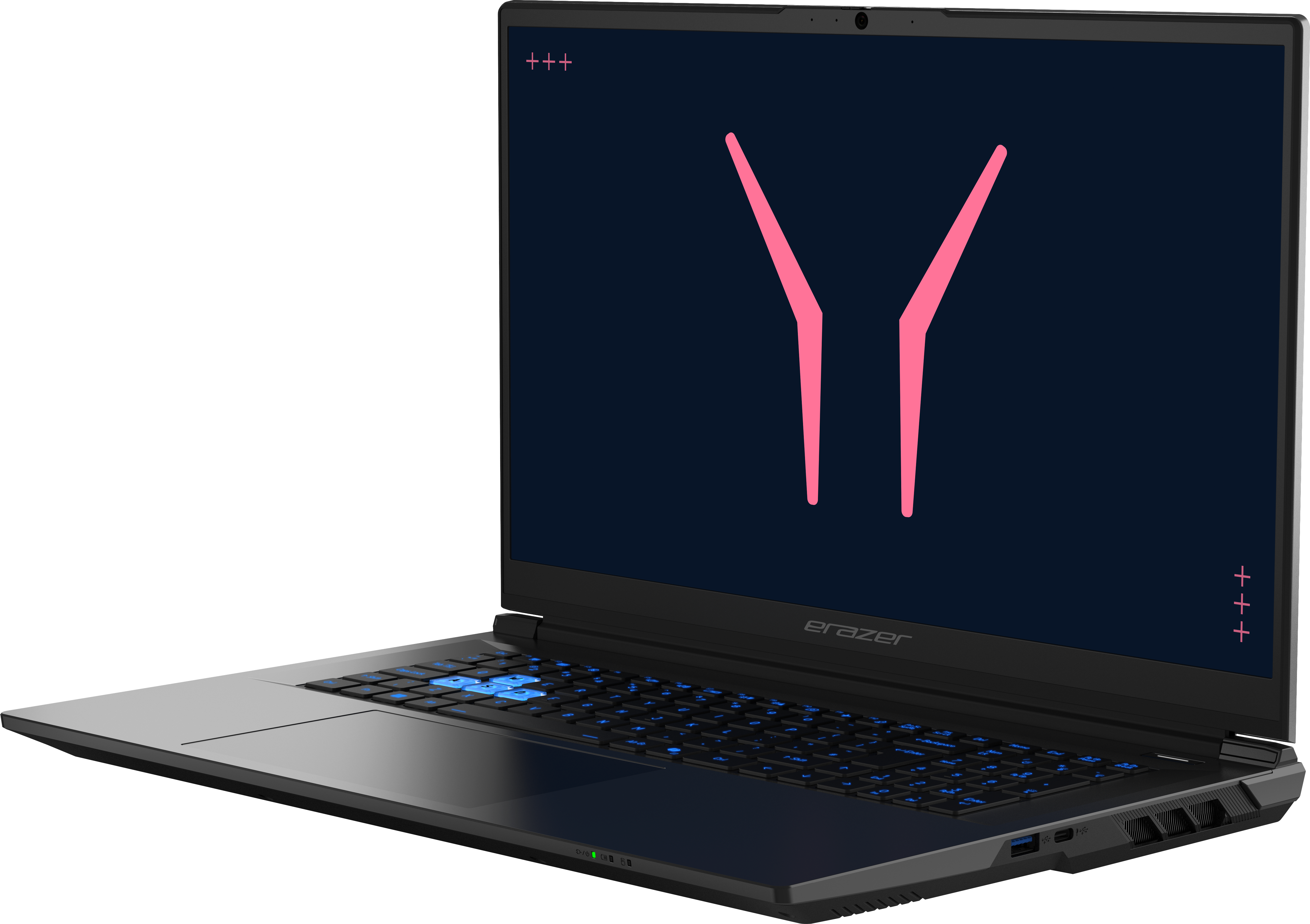 Ein schwarzer Laptop mit blauer Tastatur und einem pinken 'Y'-Logo auf dem dunkelblauen Bildschirm.