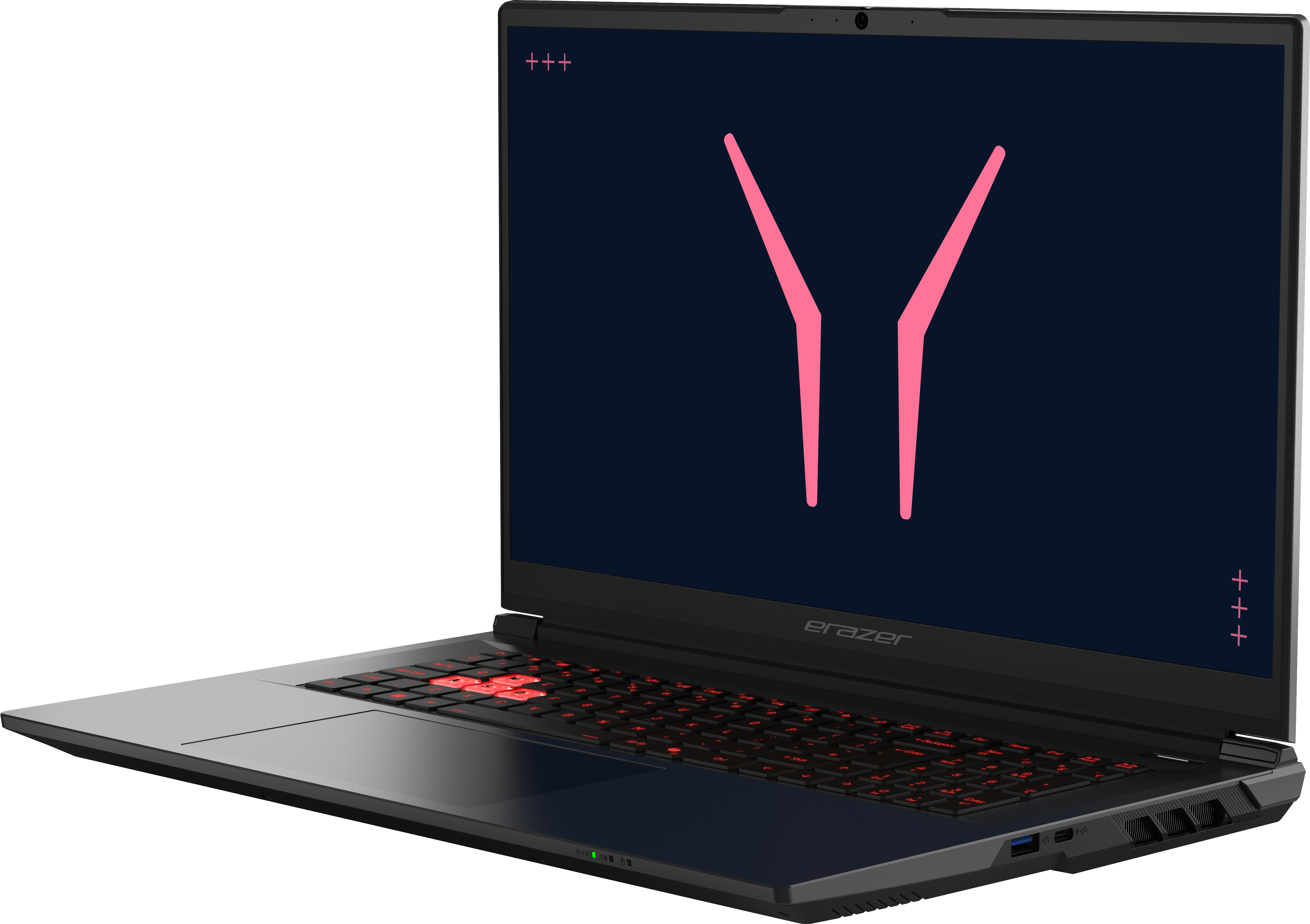 Ein schwarzer Laptop mit beleuchteter Tastatur und einem rosa "Y"-Logo auf dunklem Bildschirm.