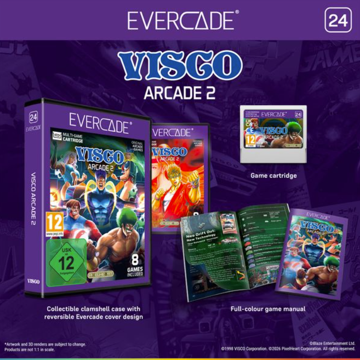 Evercade Visco Arcade 2 Spielpaket mit Hülle, Spielmodul und Handbuch.