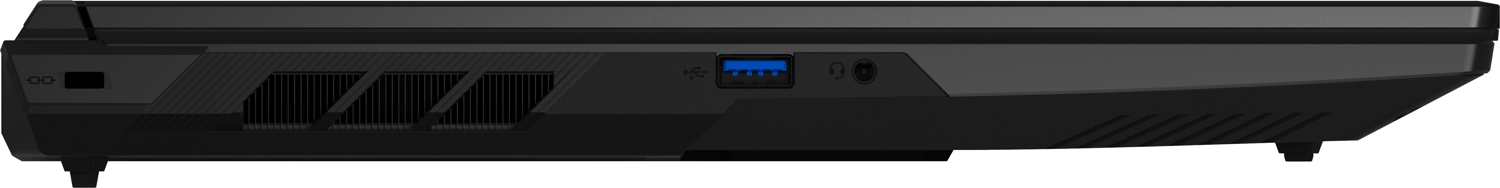 Schwarzer Laptop-Seite mit USB-, Audioanschlüssen und Lüftungsschlitzen.