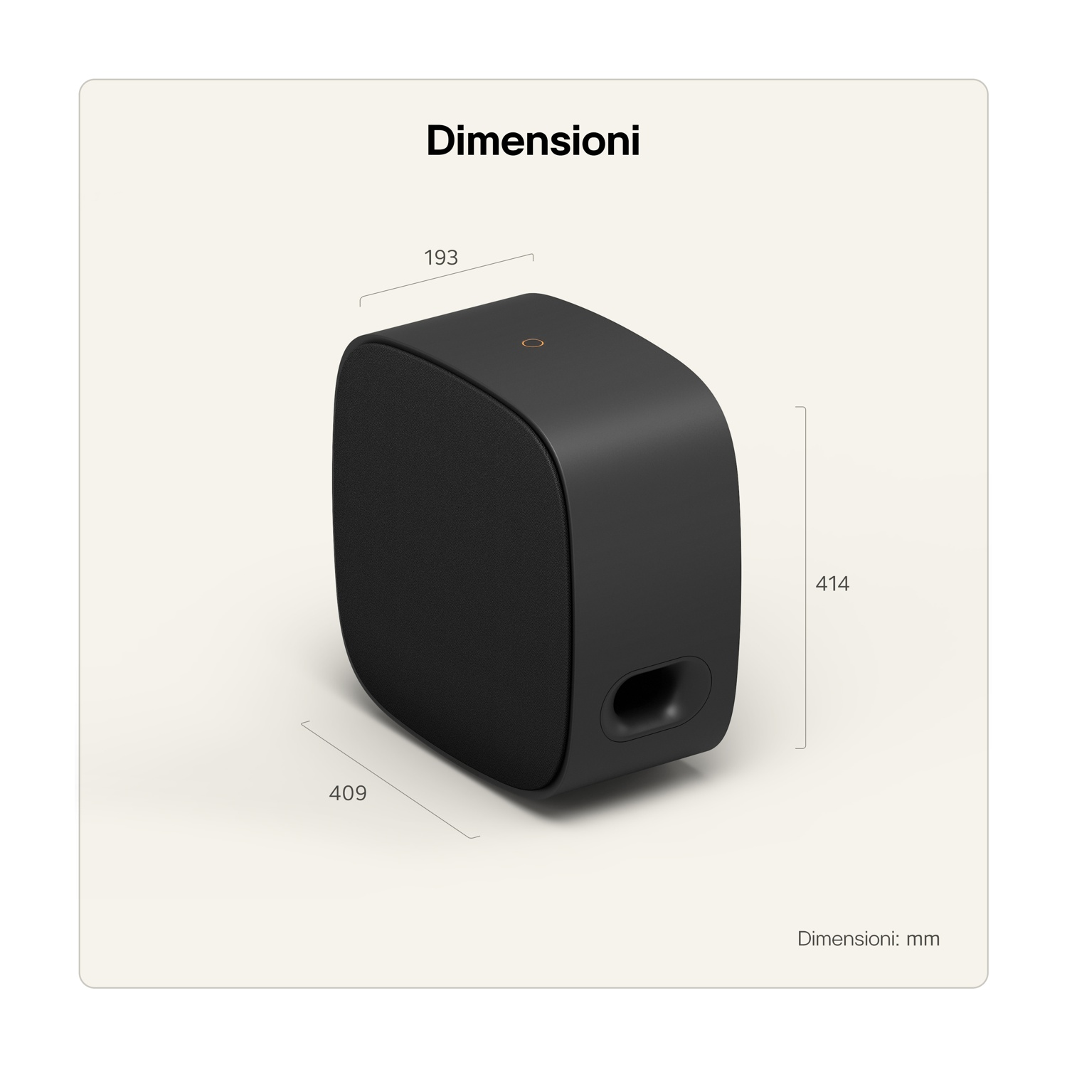 Un altoparlante nero con dimensioni di 193 mm, 409 mm e 414 mm.