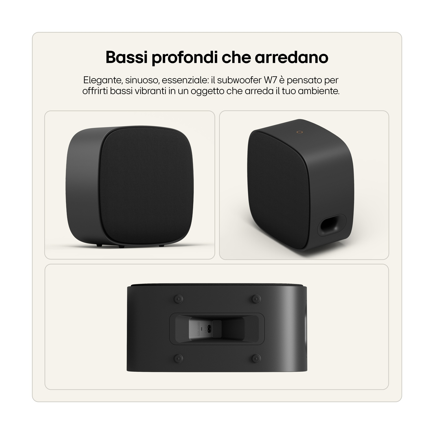 Un subwoofer nero mostrato da tre angolazioni, con connessioni visibili sul retro.