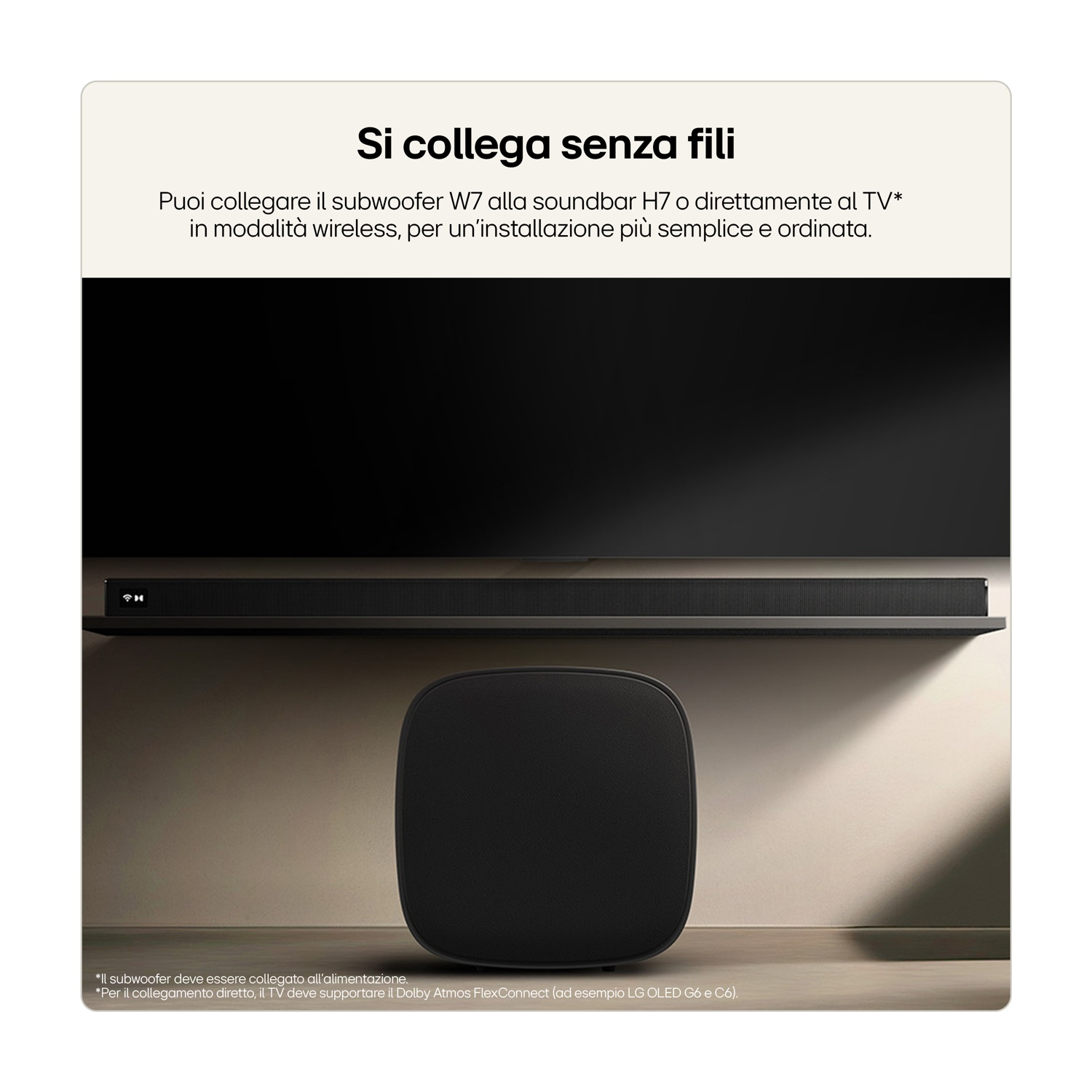 Subwoofer e soundbar neri davanti a un TV, collegati in modalità wireless.