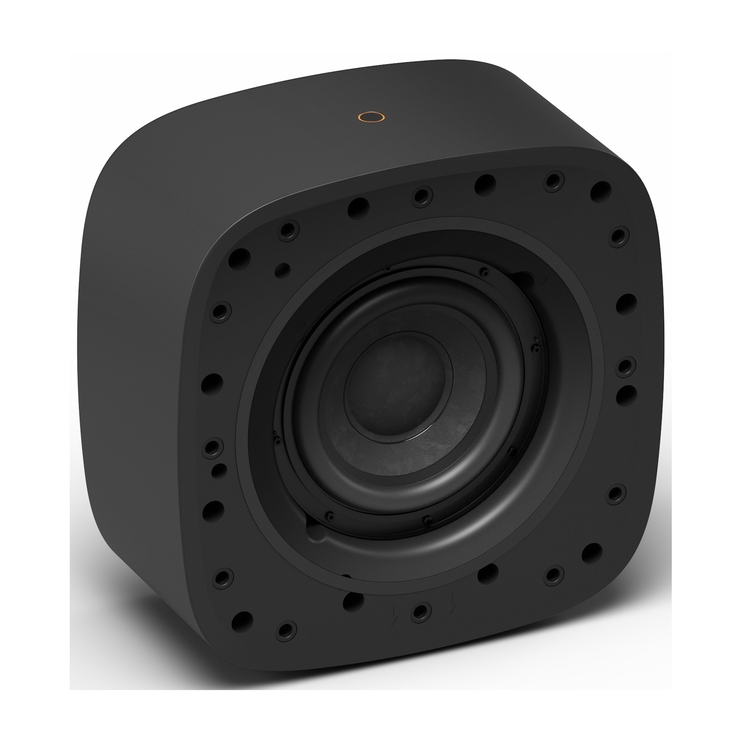 Altoparlante cubo nero con woofer esposto e fori per viti.