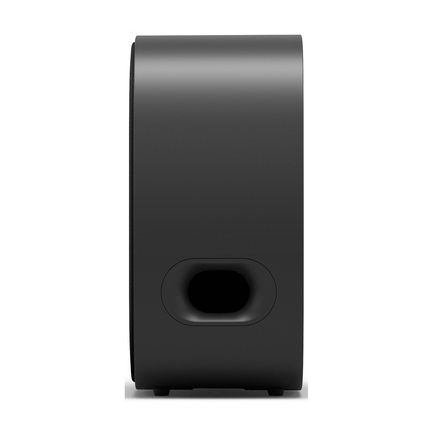 Altoparlante nero con porta bass reflex sul lato destro, su sfondo bianco.