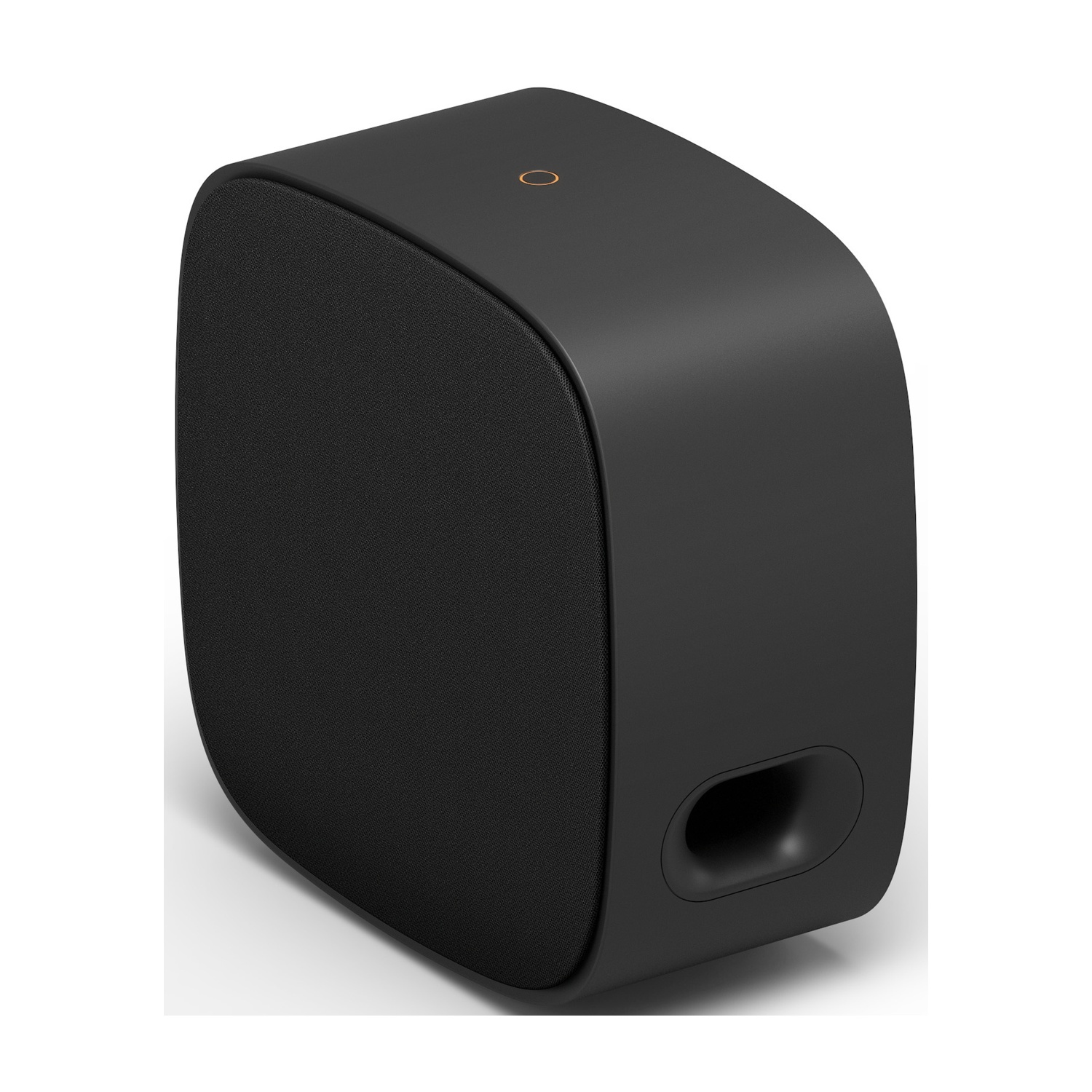 Altoparlante nero con griglia in tessuto e porta bass reflex. Cerchio dorato sopra.