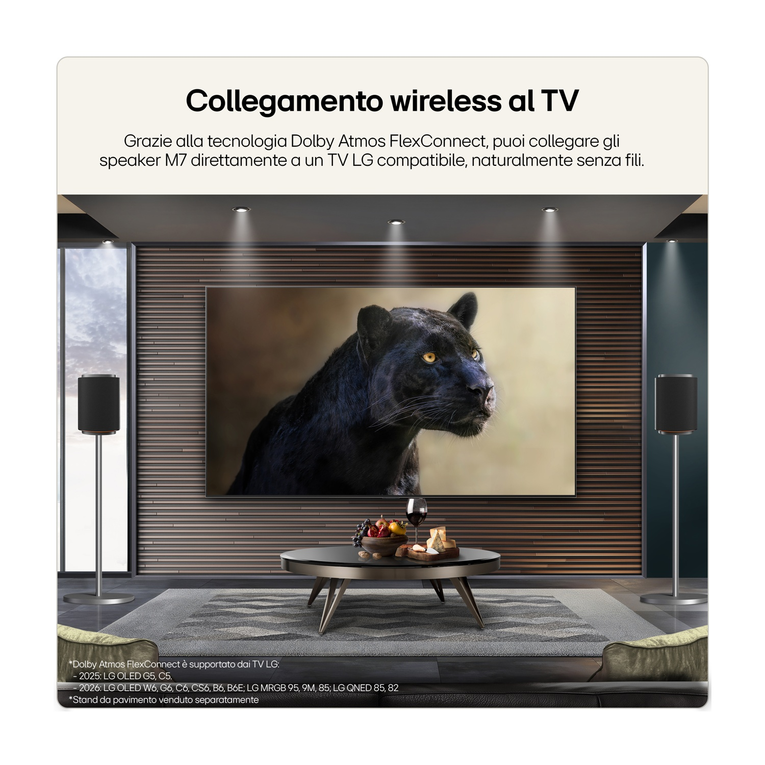 Soggiorno con TV che mostra una pantera, due diffusori da terra e un tavolino.