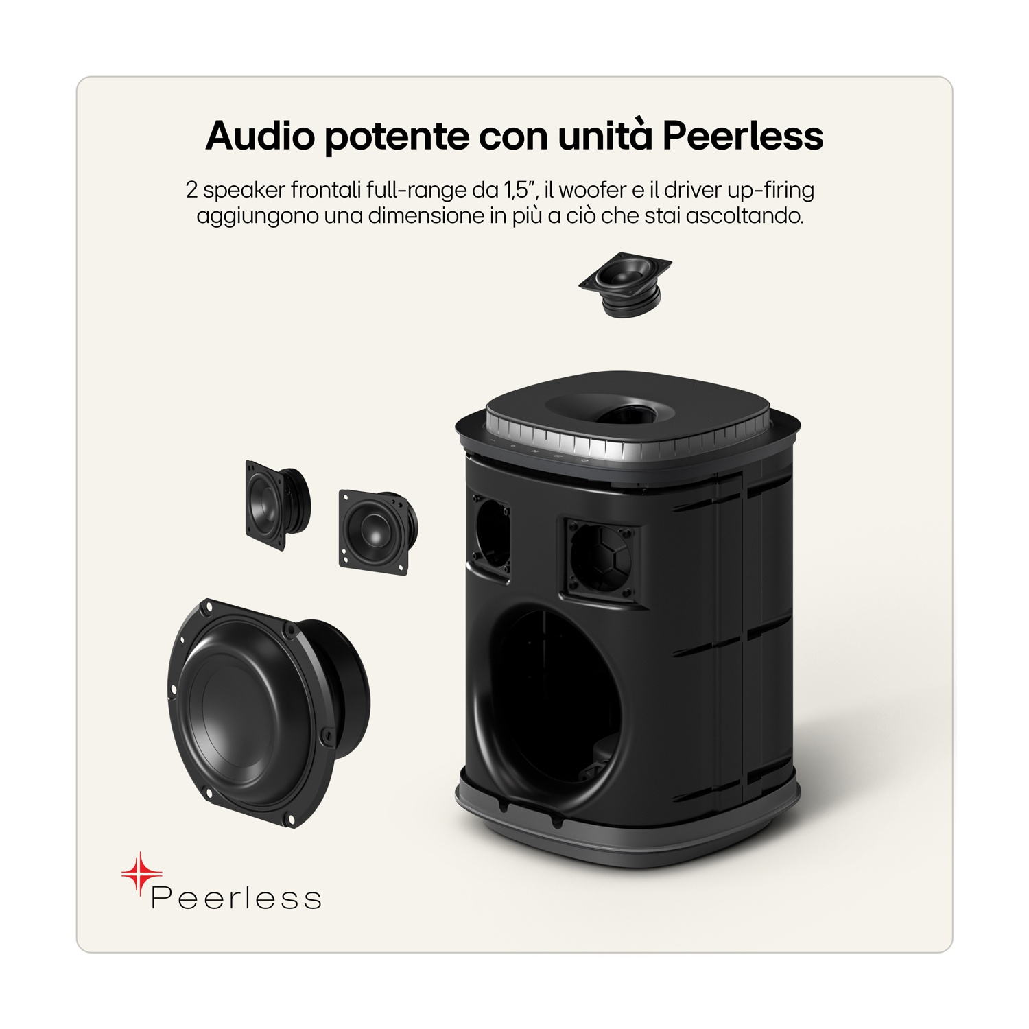 Vista esplosa di un altoparlante nero con componenti individuali.