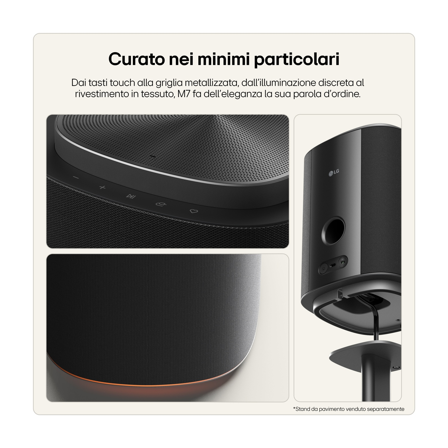Altoparlante LG nero con comandi touch e griglia in tessuto.